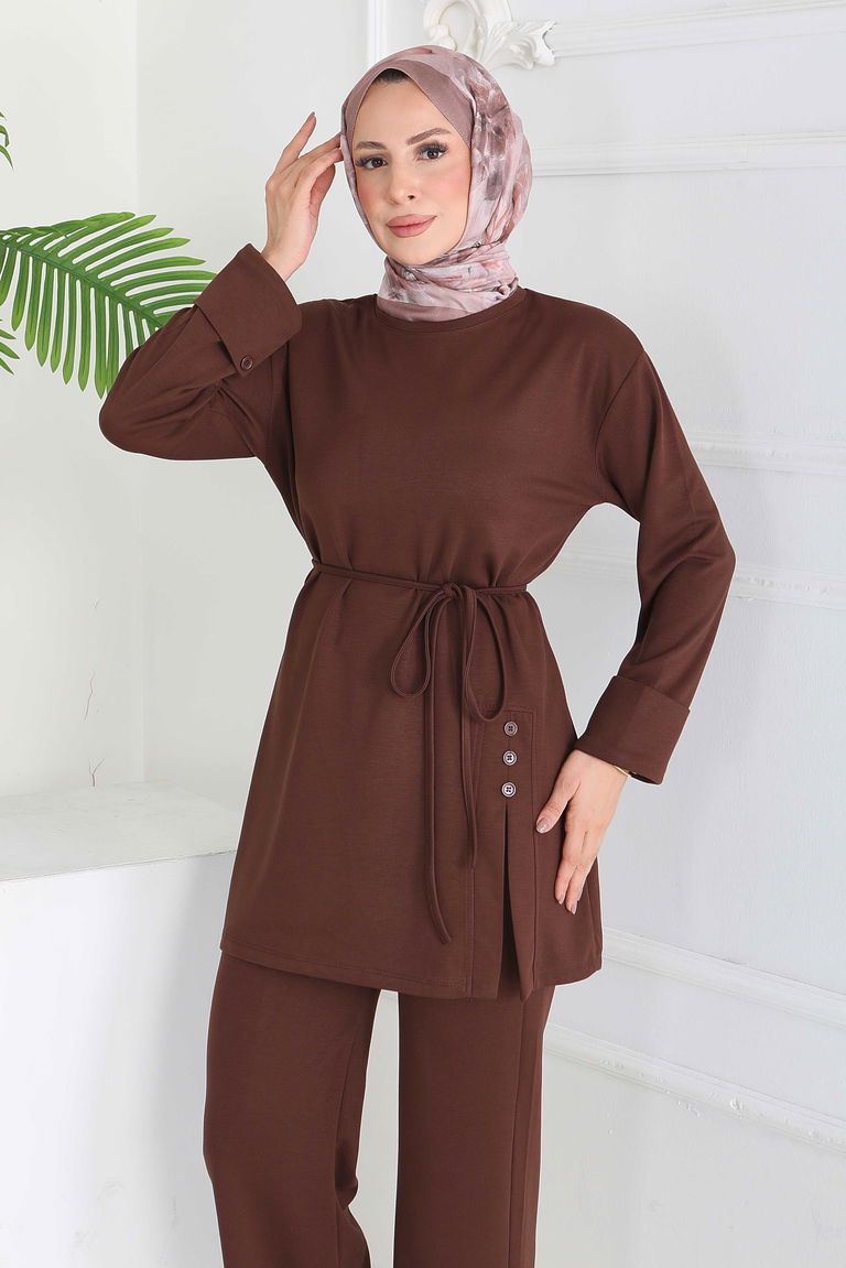 Düğme Detaylı Modal İkili Takım - 28013-KAHVE - TOFİSA