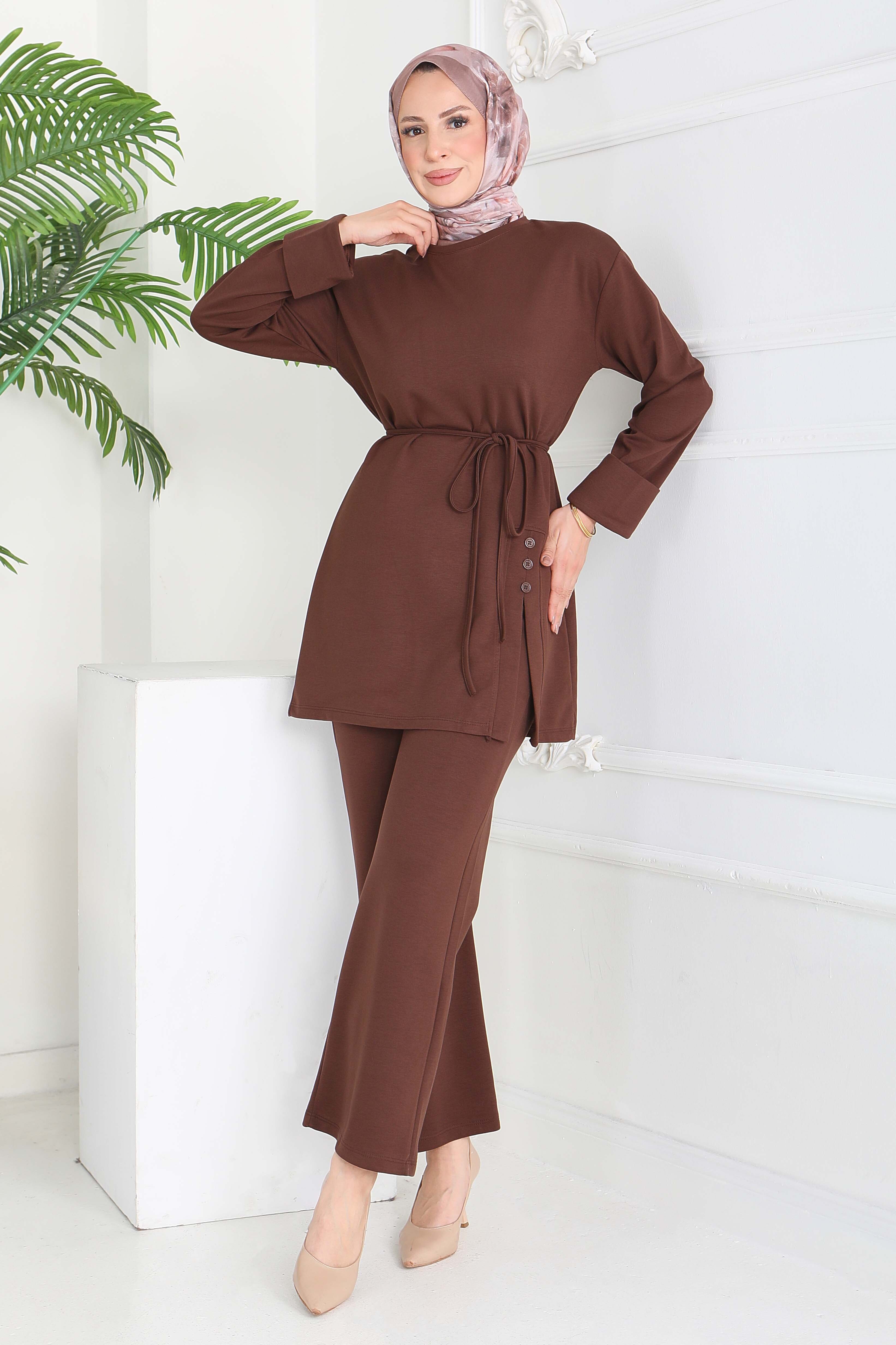 Düğme Detaylı Modal İkili Takım - 28013-KAHVE - 3