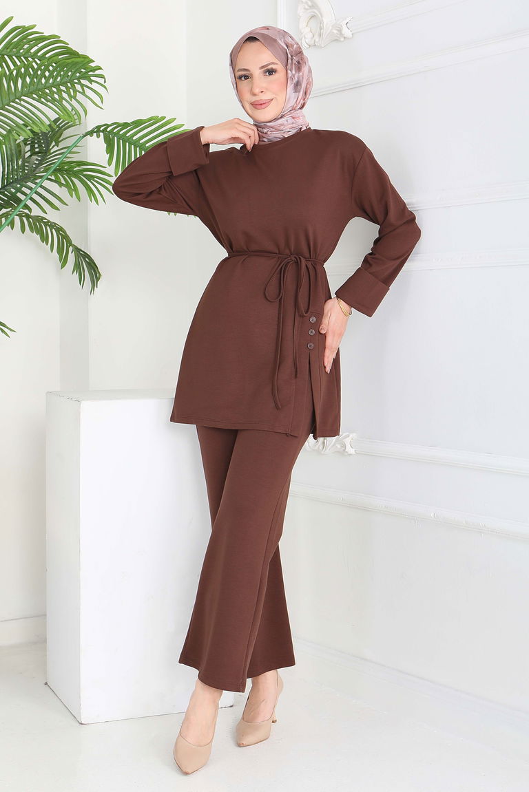 Düğme Detaylı Modal İkili Takım - 28013-KAHVE - TOFİSA