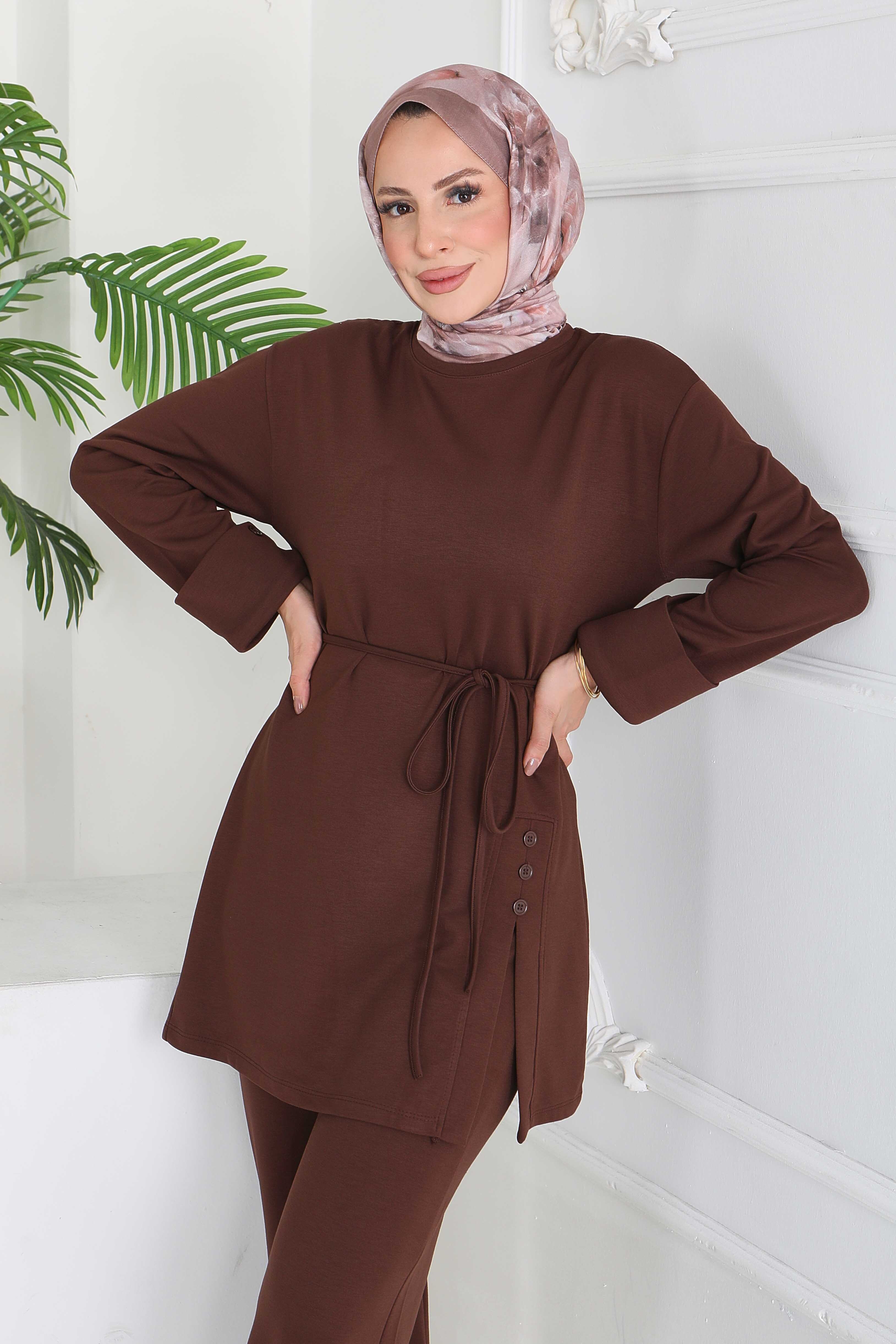 Düğme Detaylı Modal İkili Takım - 28013-KAHVE - 4