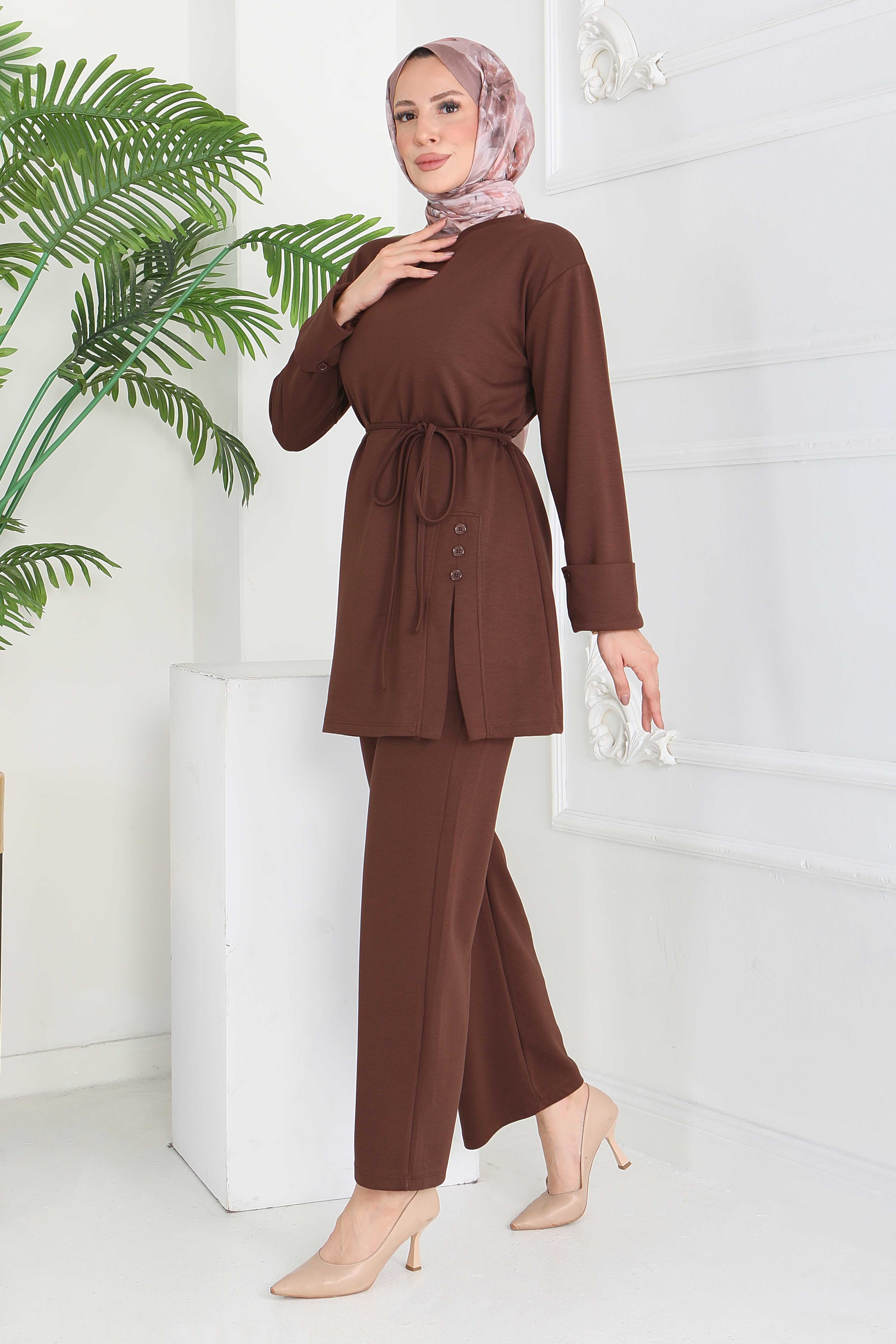 Düğme Detaylı Modal İkili Takım - 28013-KAHVE - 5