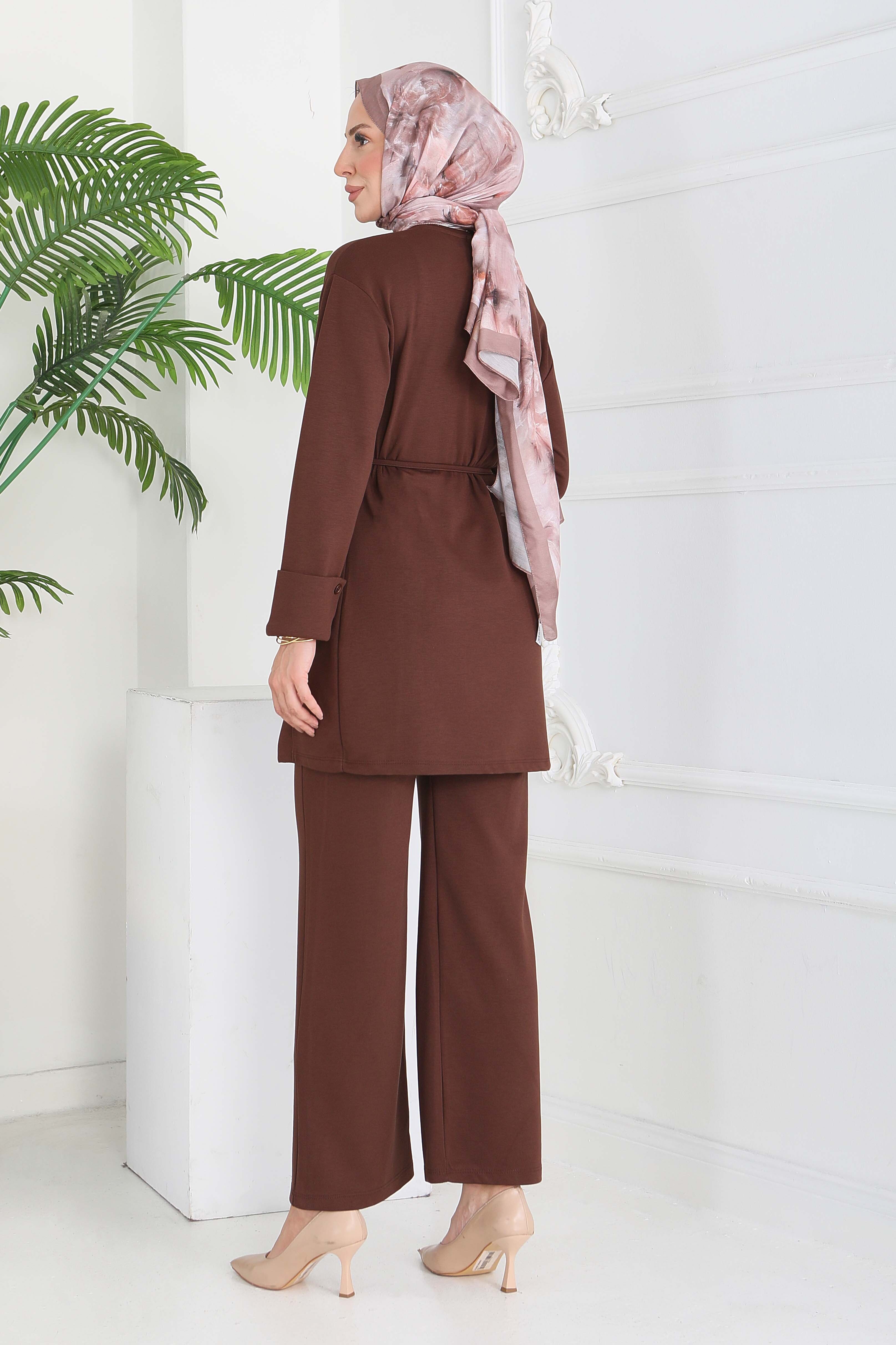 Düğme Detaylı Modal İkili Takım - 28013-KAHVE - 6