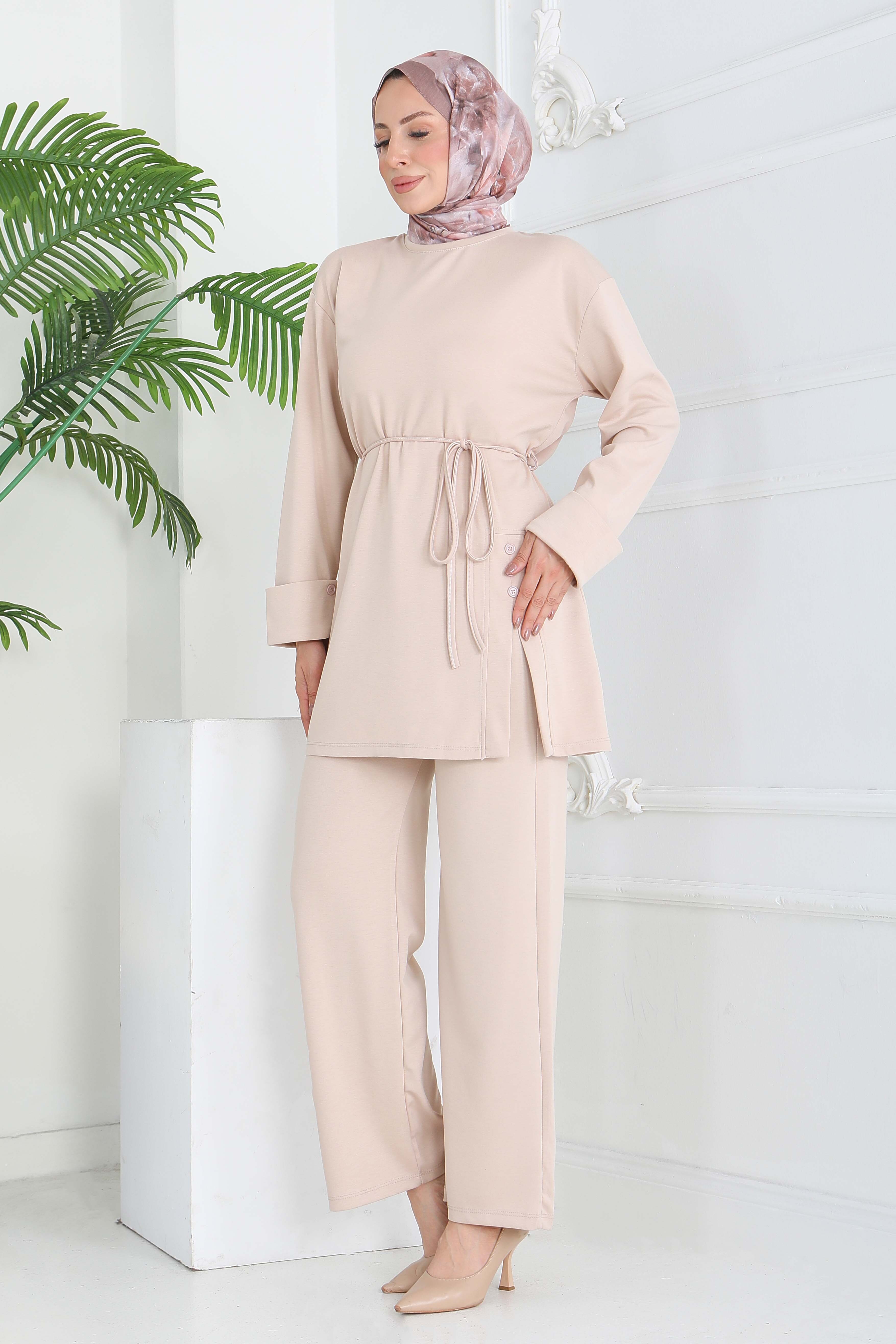 Düğme Detaylı Modal İkili Takım - 28013-KREM - 1