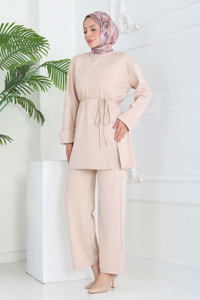 Düğme Detaylı Modal İkili Takım - 28013-KREM 