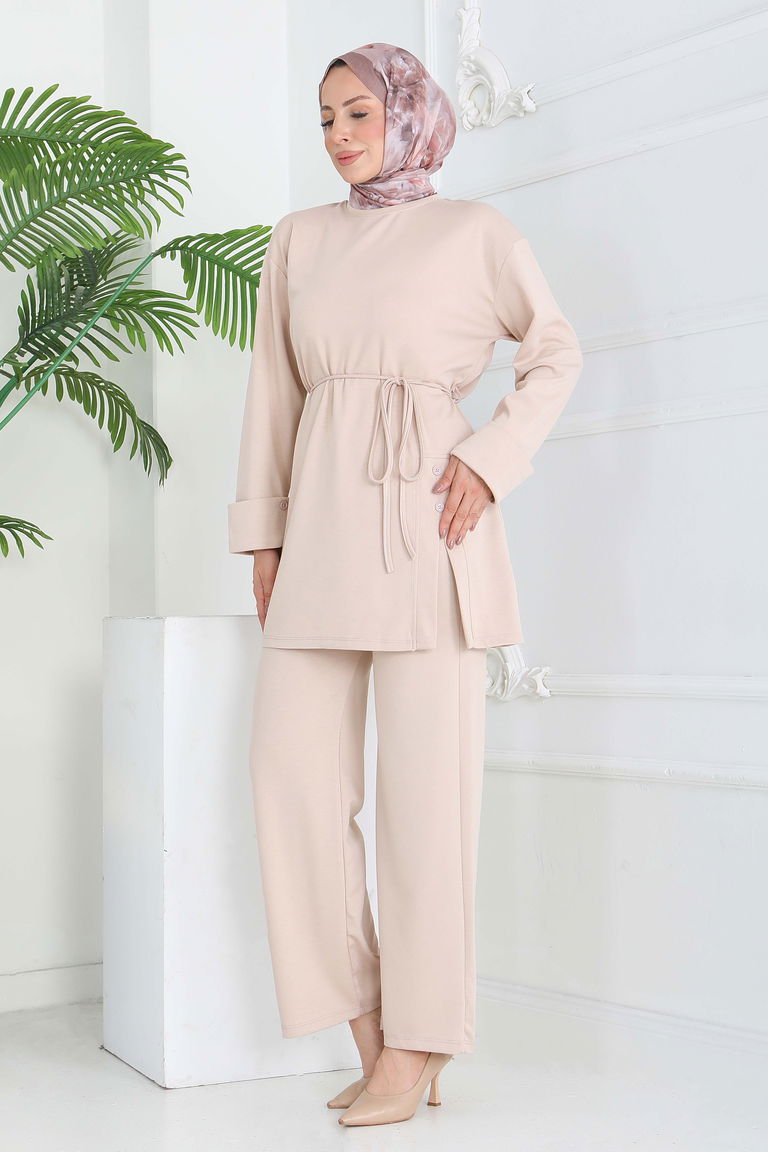 Düğme Detaylı Modal İkili Takım - 28013-KREM - TOFİSA