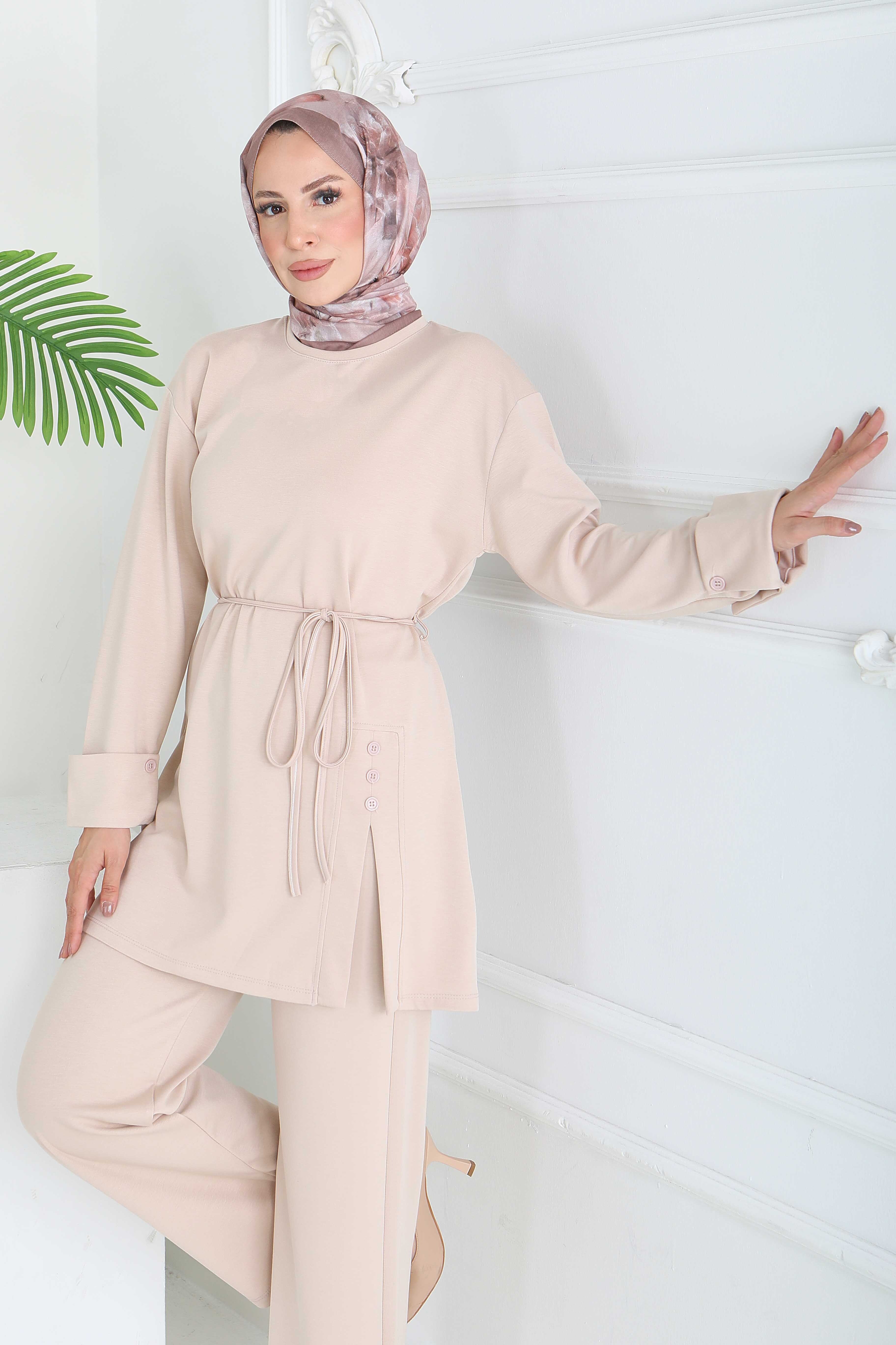 Düğme Detaylı Modal İkili Takım - 28013-KREM - 2