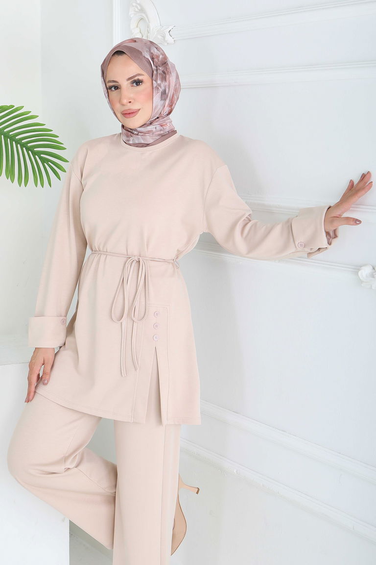 Düğme Detaylı Modal İkili Takım - 28013-KREM - TOFİSA