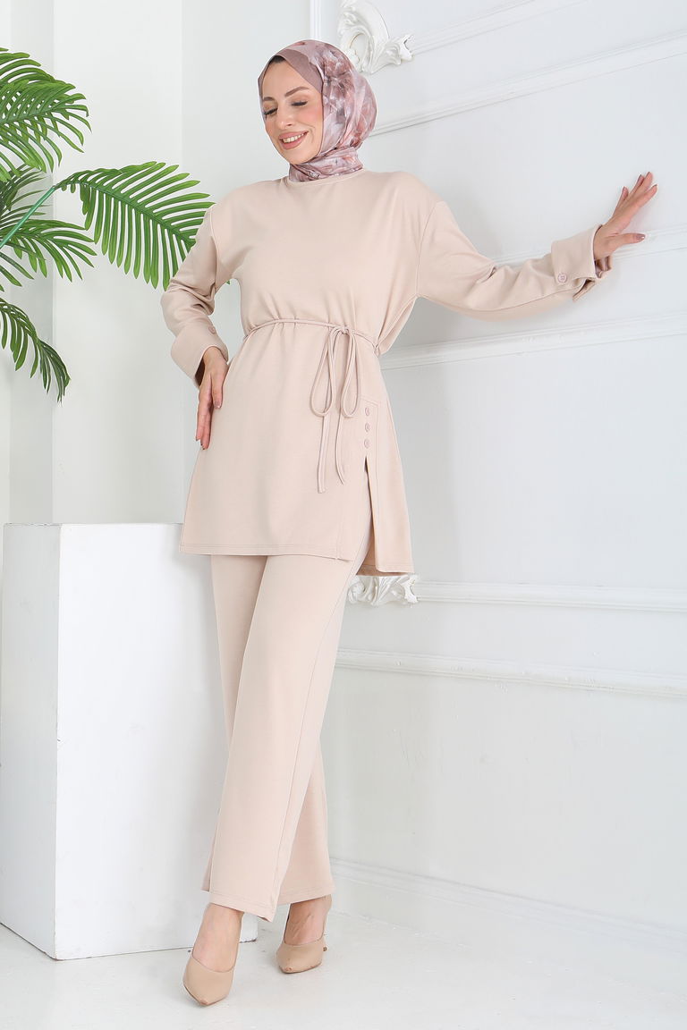 Düğme Detaylı Modal İkili Takım - 28013-KREM - TOFİSA