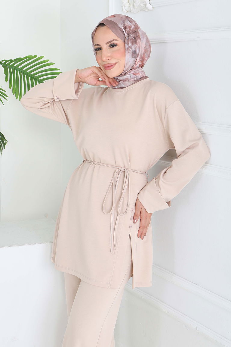 Düğme Detaylı Modal İkili Takım - 28013-KREM - TOFİSA