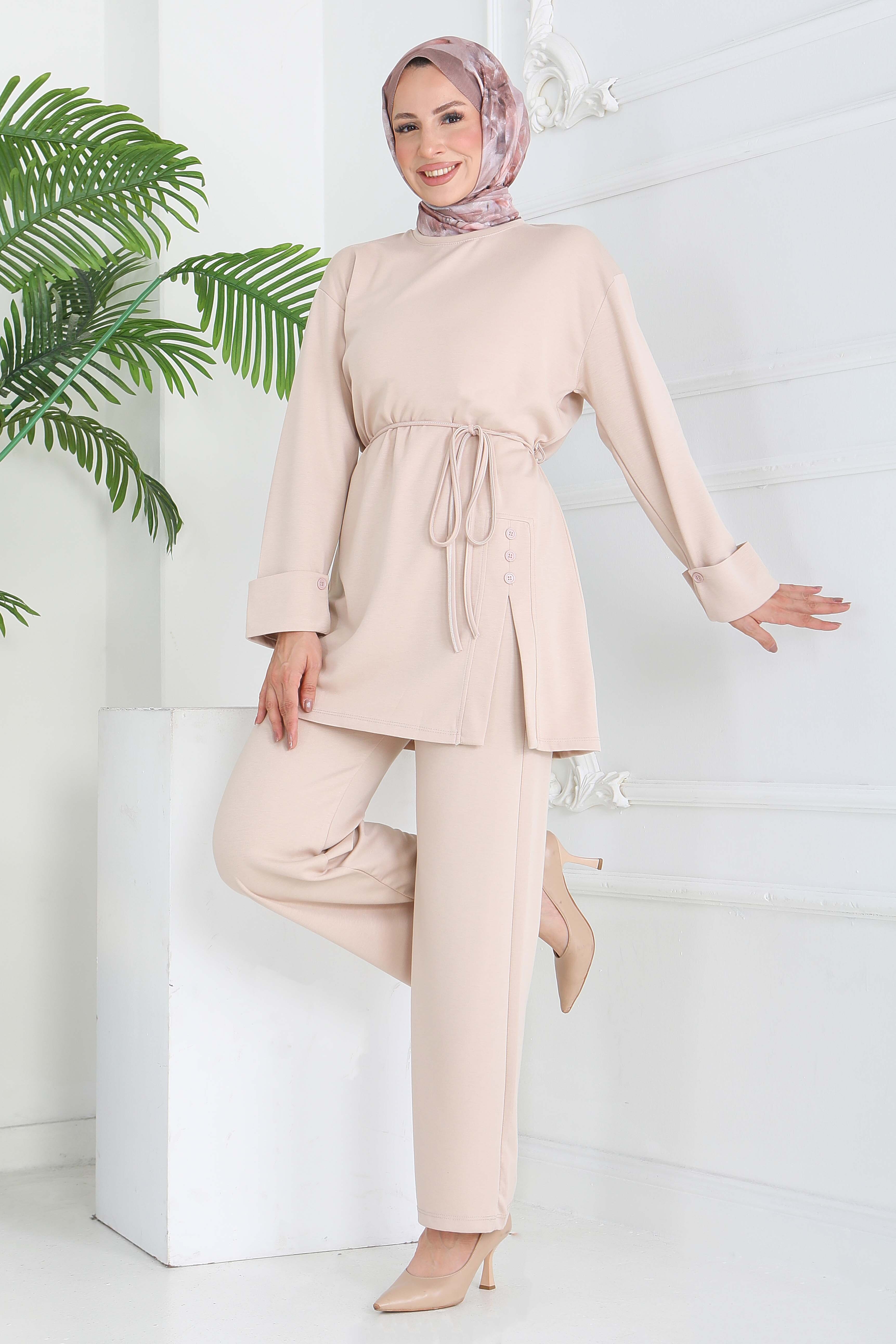 Düğme Detaylı Modal İkili Takım - 28013-KREM - 5