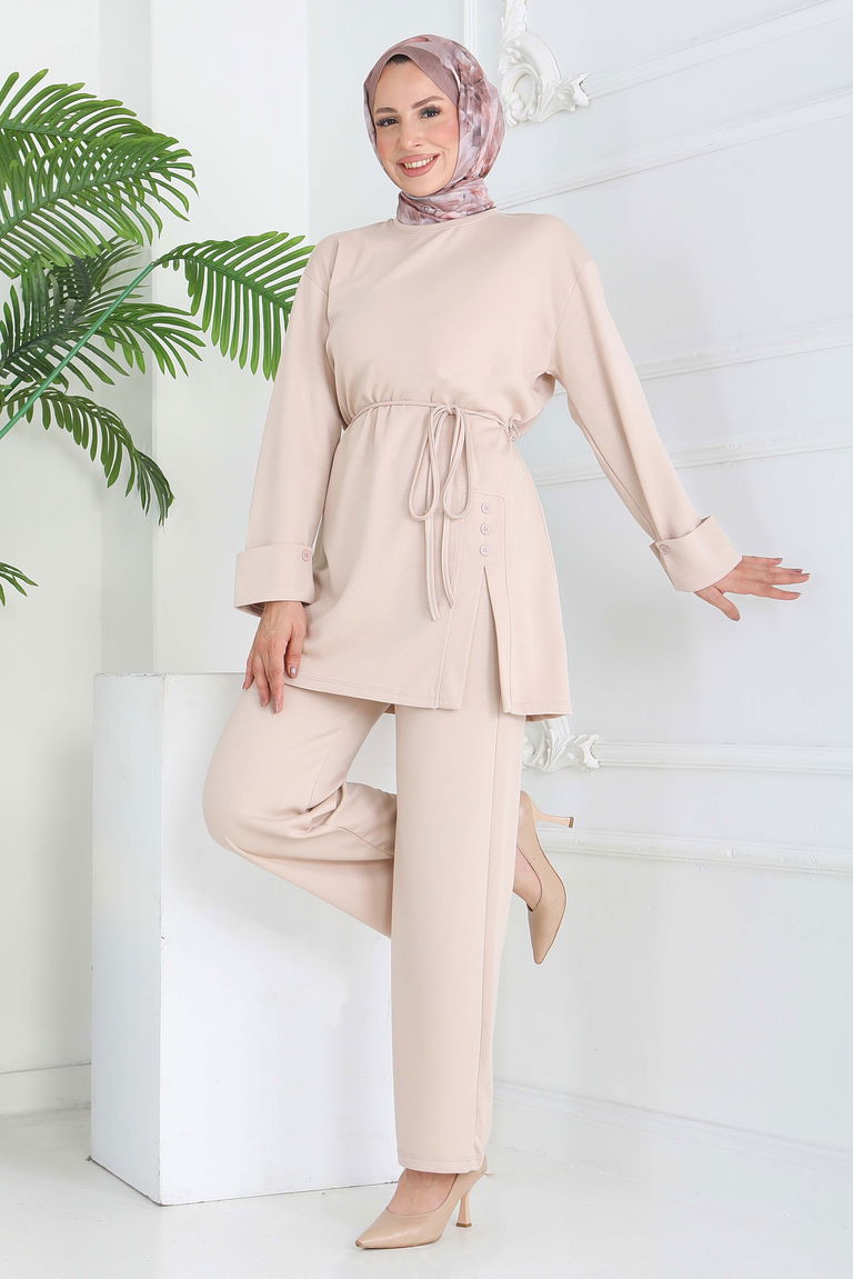 Düğme Detaylı Modal İkili Takım - 28013-KREM - TOFİSA