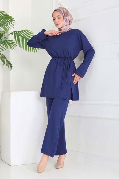 Düğme Detaylı Modal İkili Takım - 28013-LACIVERT 