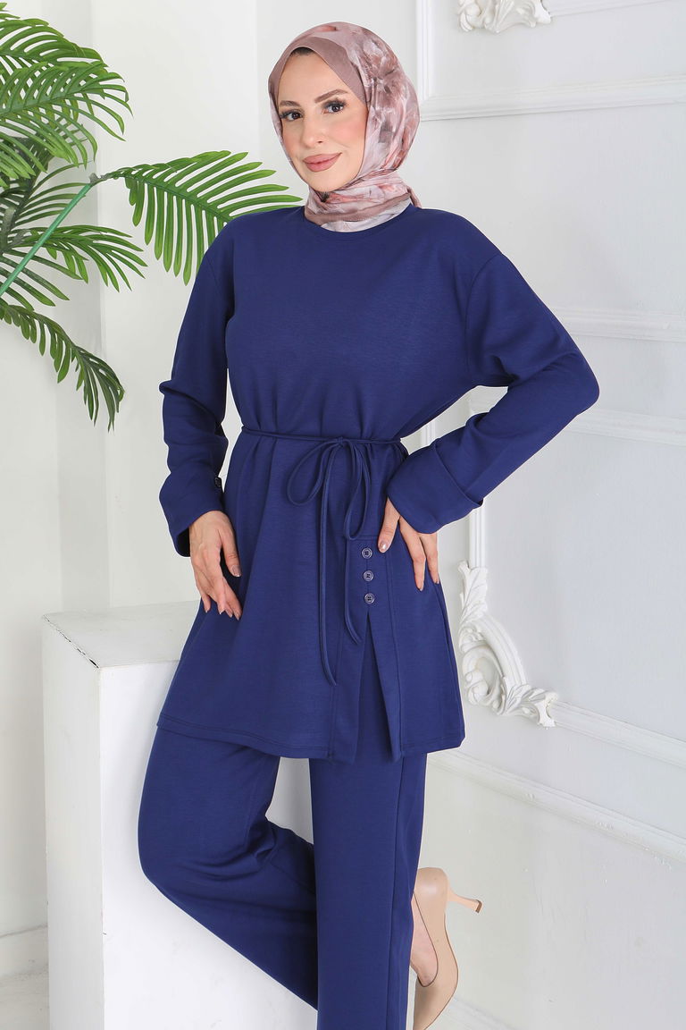 Düğme Detaylı Modal İkili Takım - 28013-LACIVERT - TOFİSA