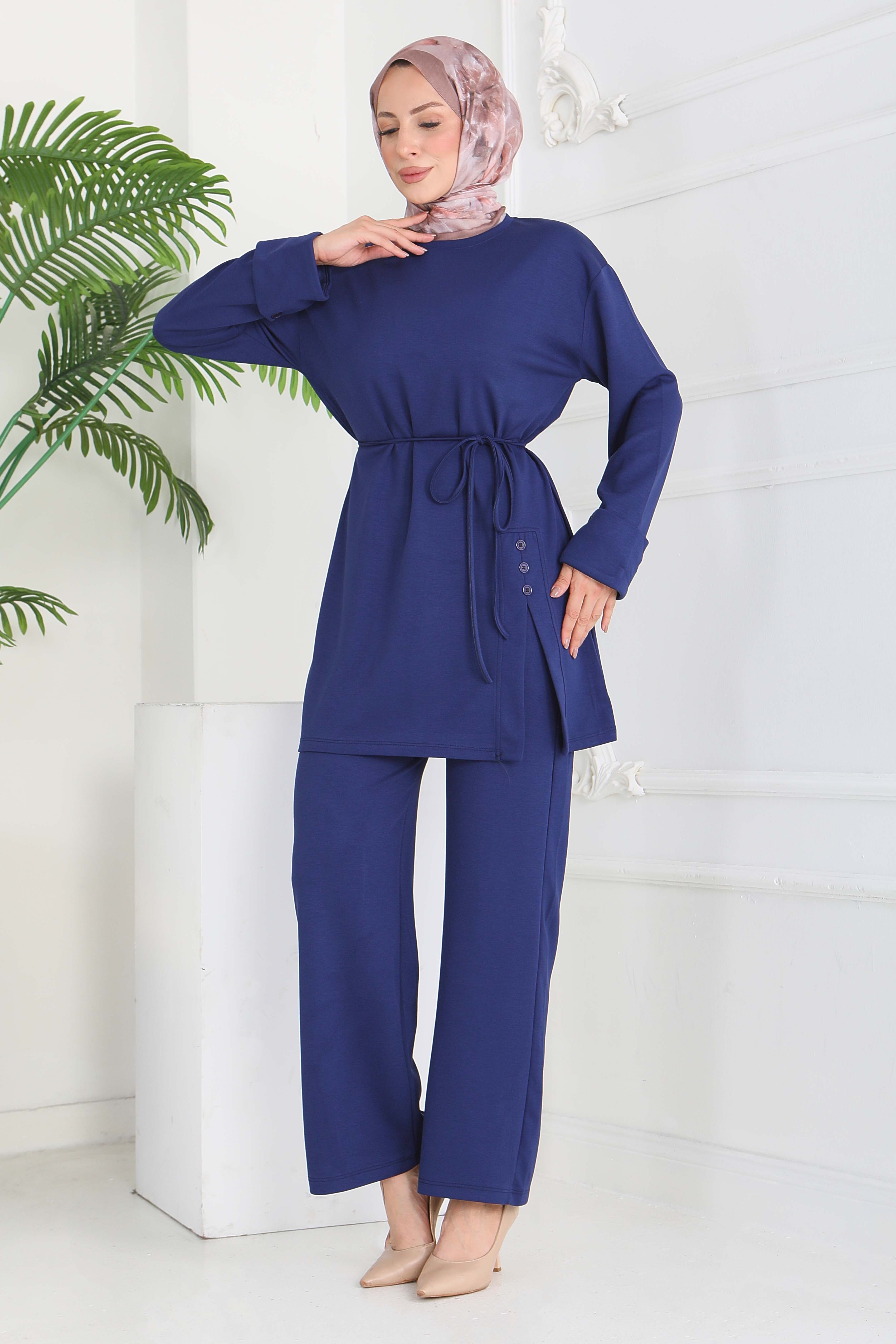 Düğme Detaylı Modal İkili Takım - 28013-LACIVERT - 3