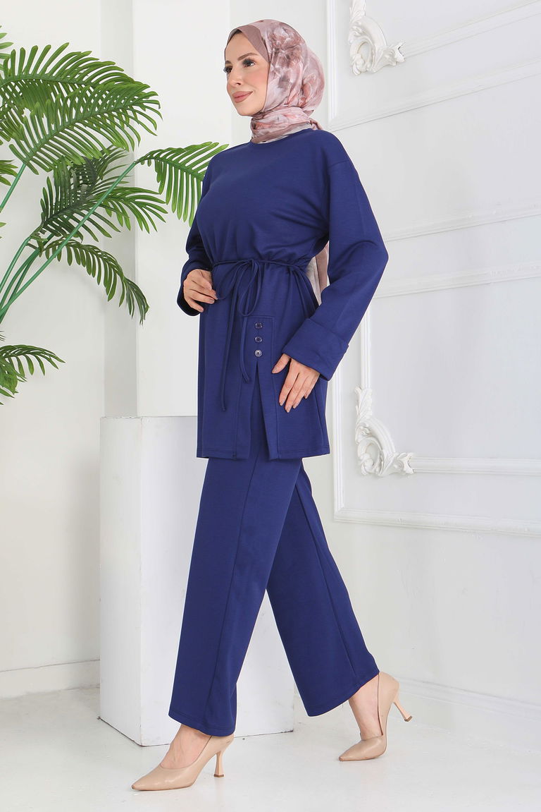 Düğme Detaylı Modal İkili Takım - 28013-LACIVERT - TOFİSA