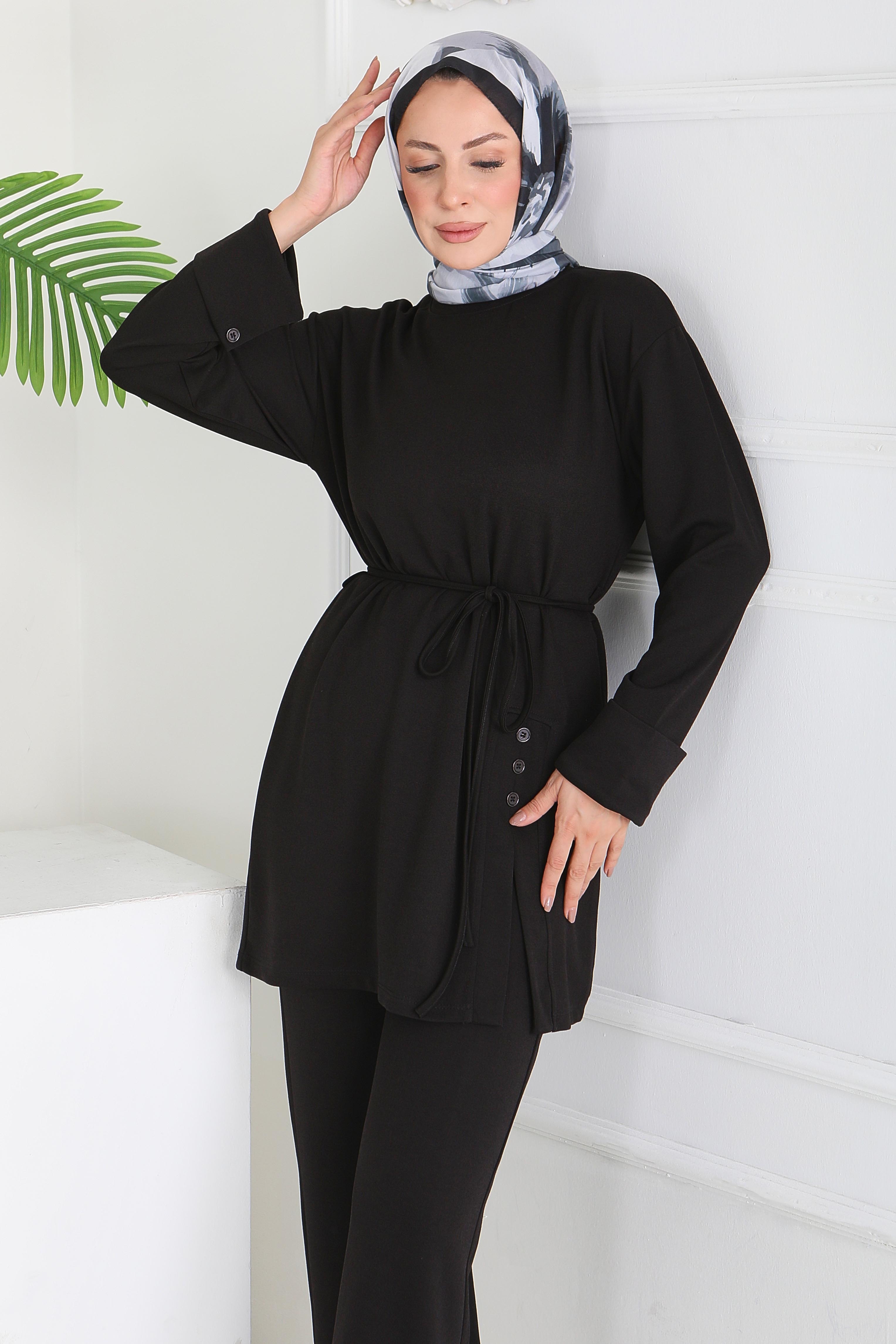 Düğme Detaylı Modal İkili Takım - 28013-SIYAH - 2