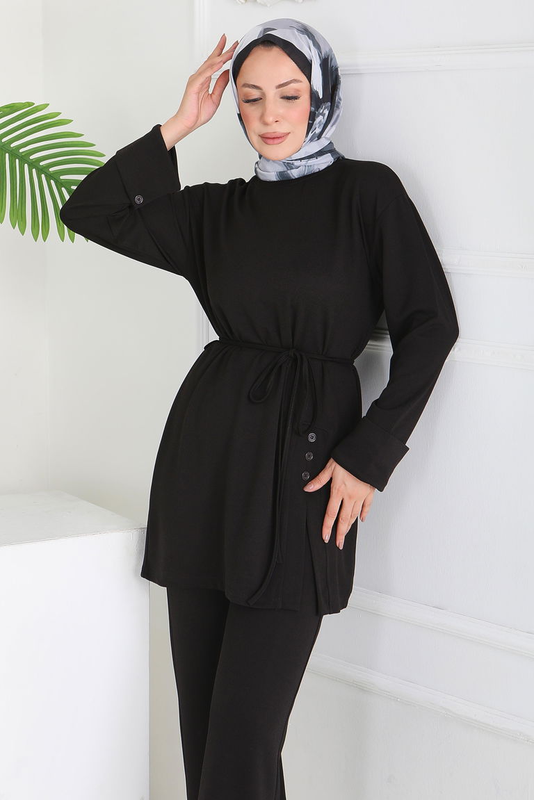 Düğme Detaylı Modal İkili Takım - 28013-SIYAH - TOFİSA