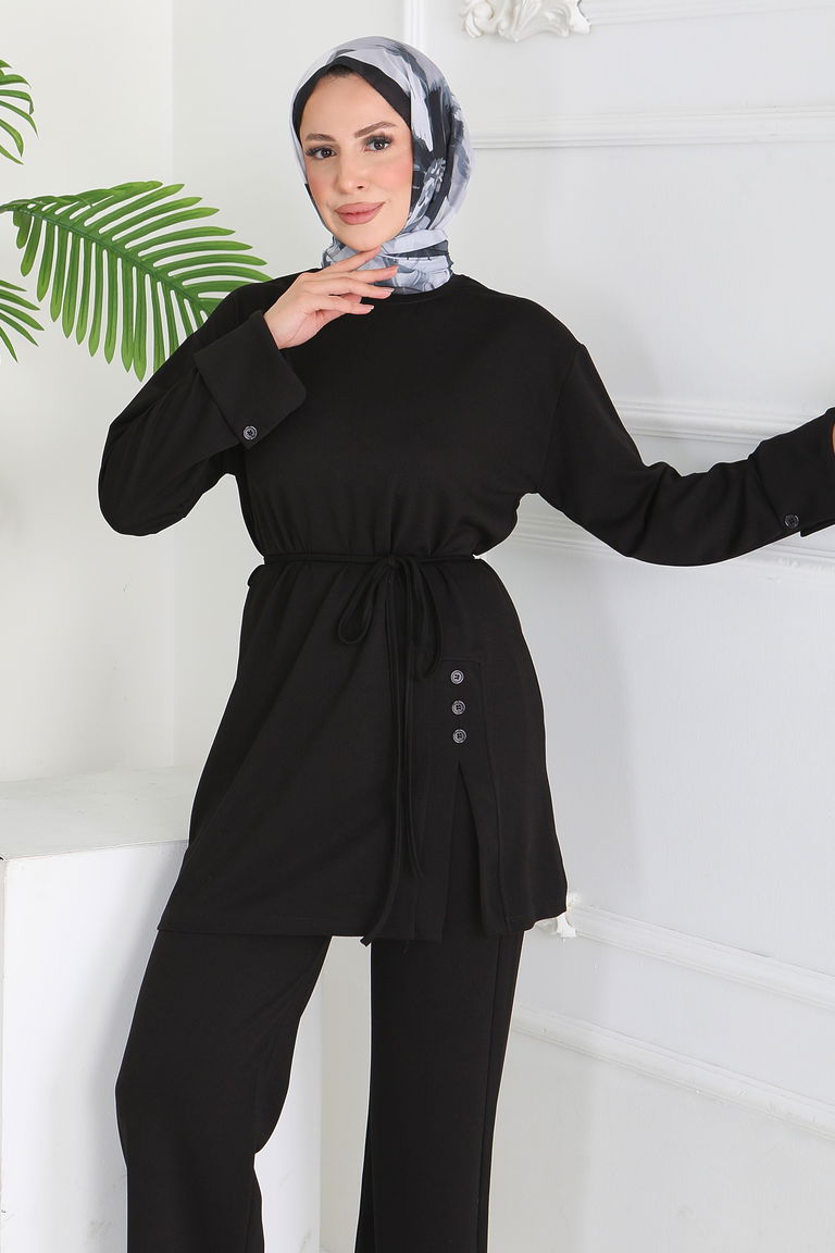 Düğme Detaylı Modal İkili Takım - 28013-SIYAH - TOFİSA