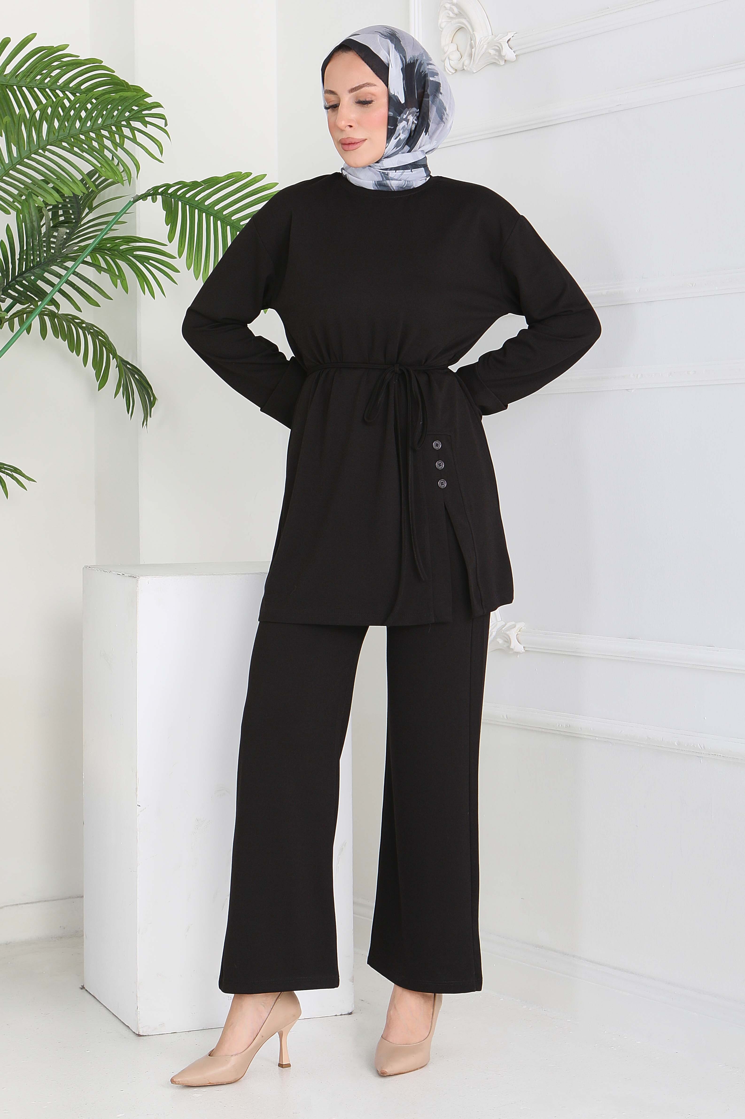 Düğme Detaylı Modal İkili Takım - 28013-SIYAH - 5