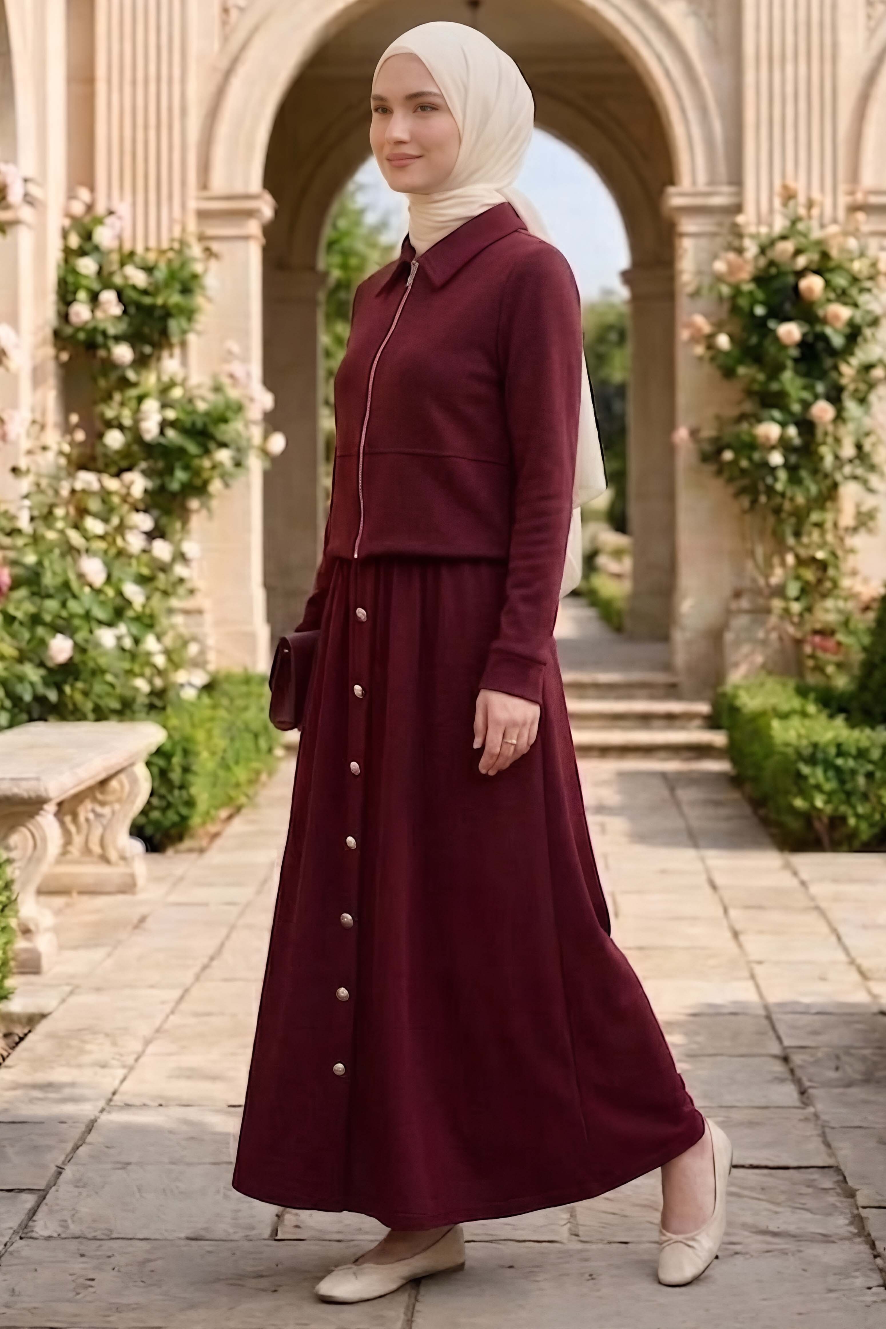 Düğme Detaylı Modal İkili Takım Bordo - 1345-BORDO - 1