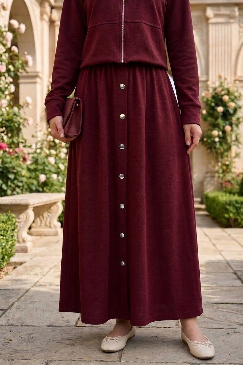 Düğme Detaylı Modal İkili Takım Bordo - 1345-BORDO - 2