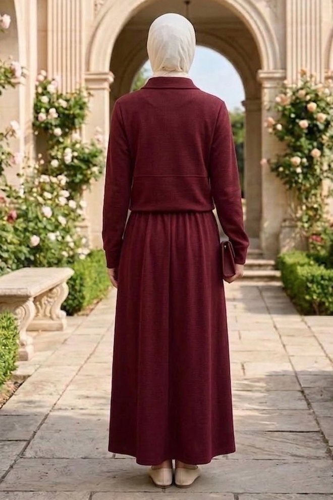 Düğme Detaylı Modal İkili Takım Bordo - 1345-BORDO - 3