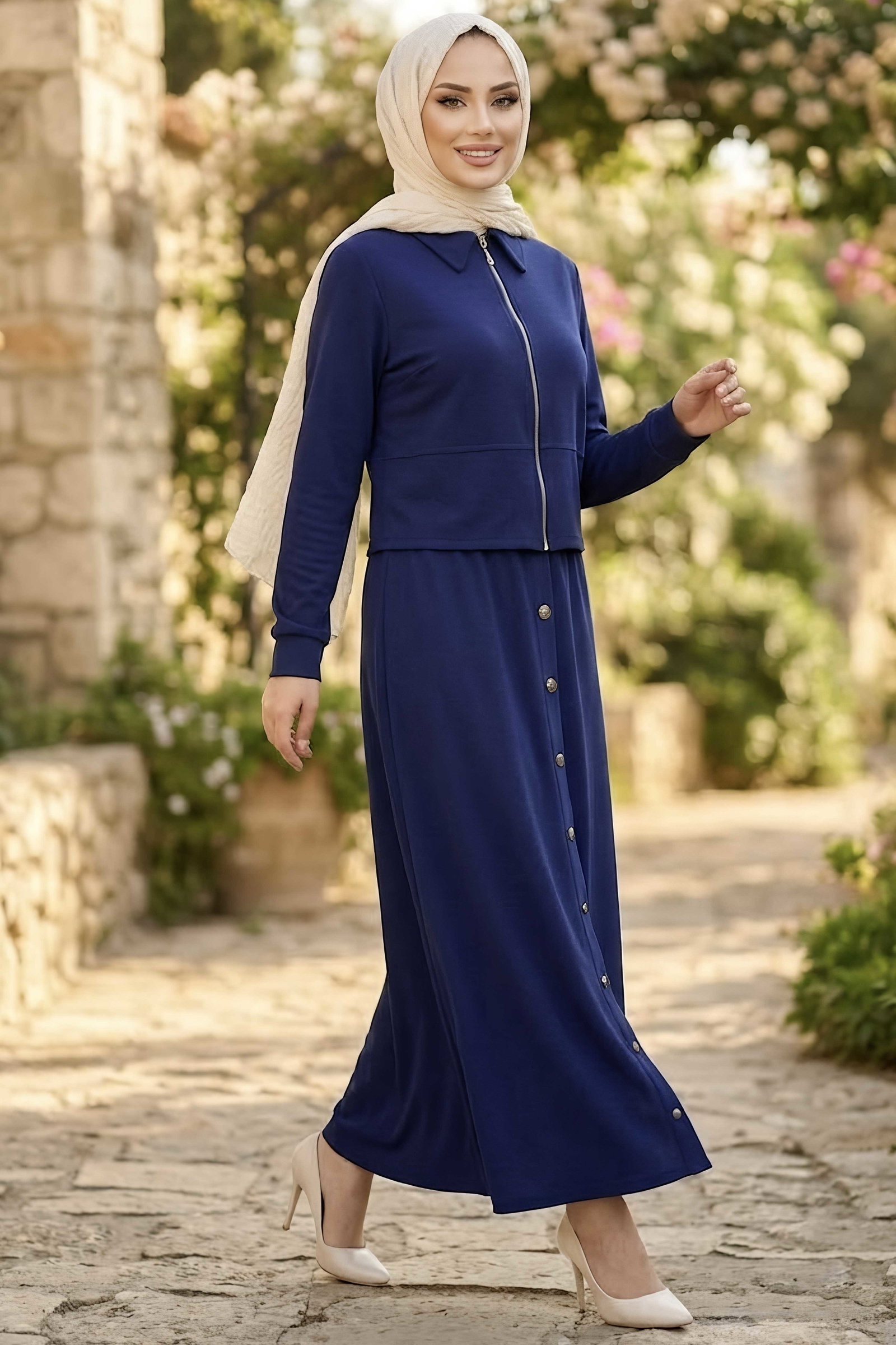 Düğme Detaylı Modal İkili Takım Lacivert - 1345-LACIVERT - 2