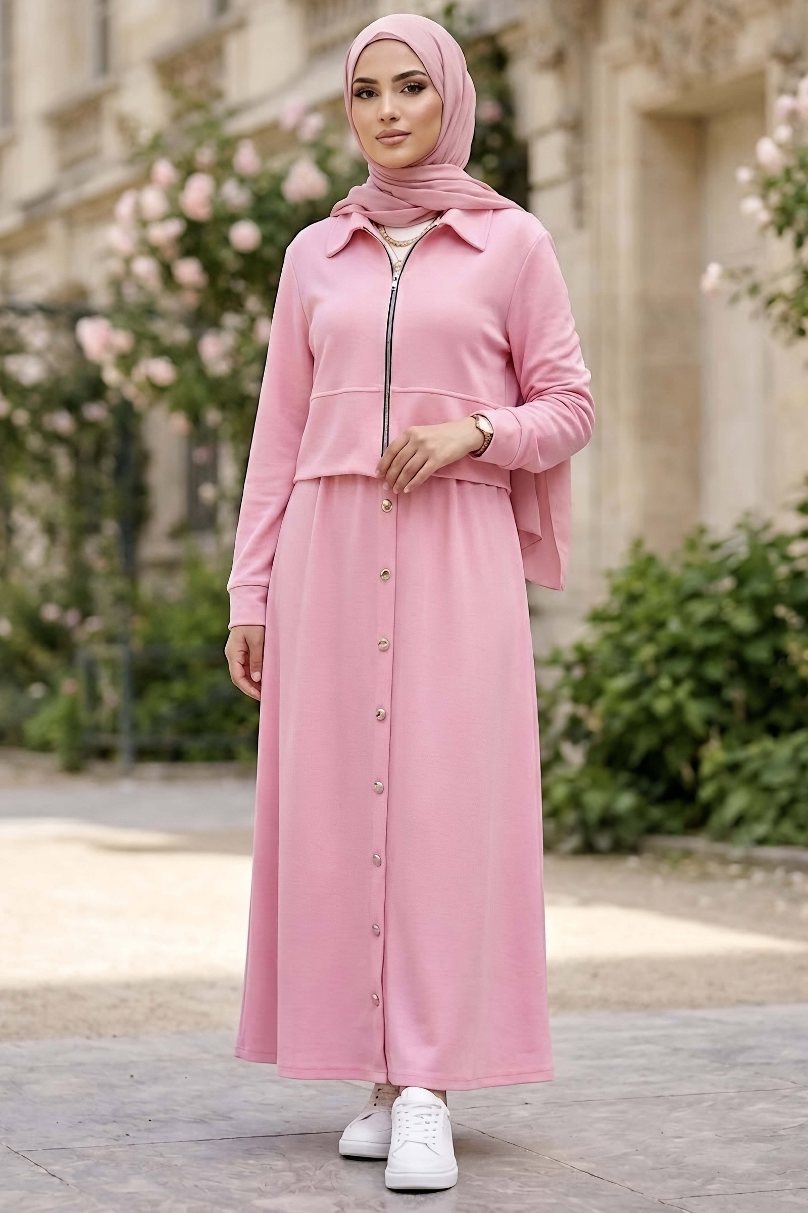 Düğme Detaylı Modal İkili Takım Pembe - 1345-PEMBE - 1