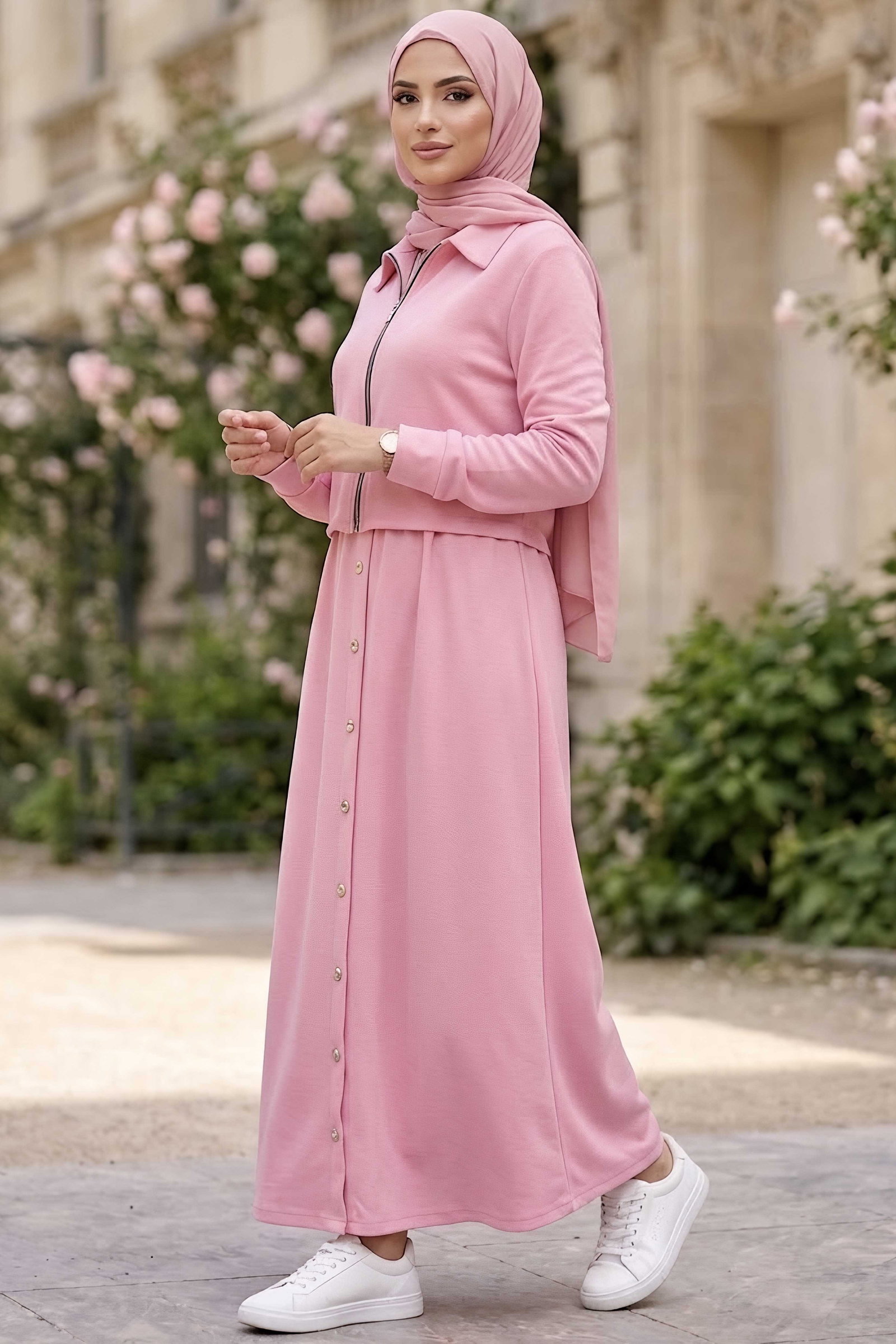 Düğme Detaylı Modal İkili Takım Pembe - 1345-PEMBE - 2