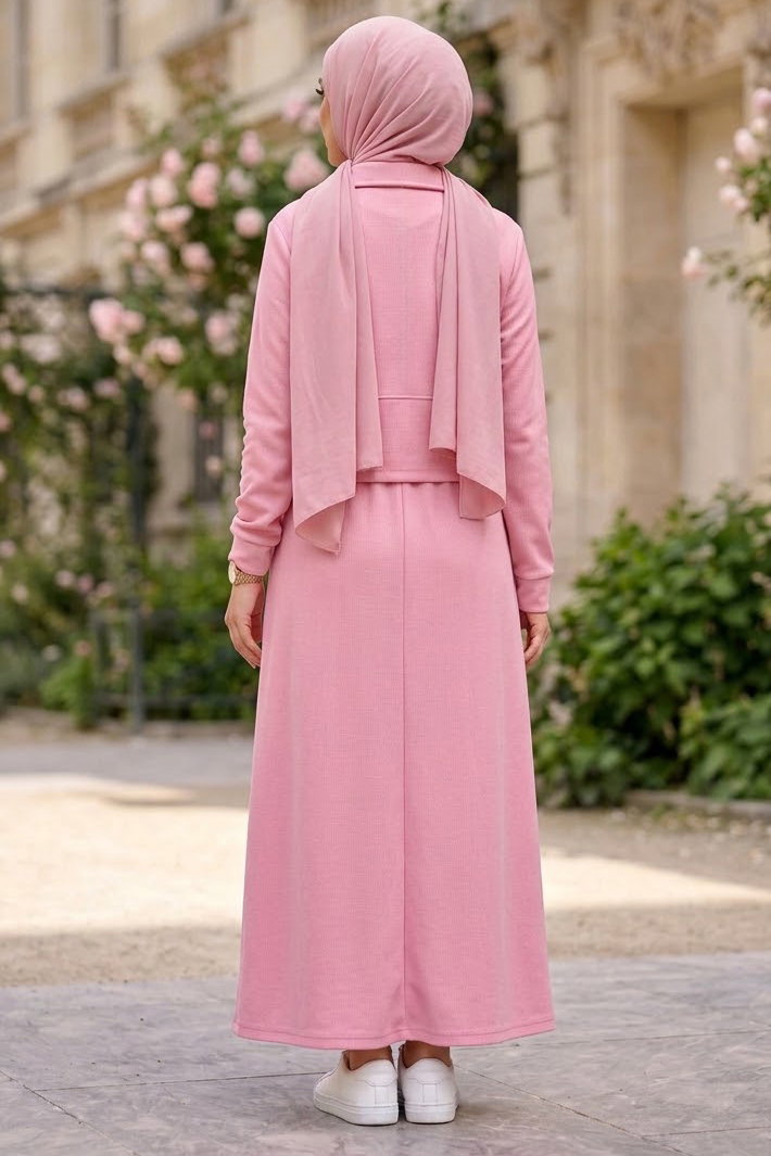 Düğme Detaylı Modal İkili Takım Pembe - 1345-PEMBE - 3
