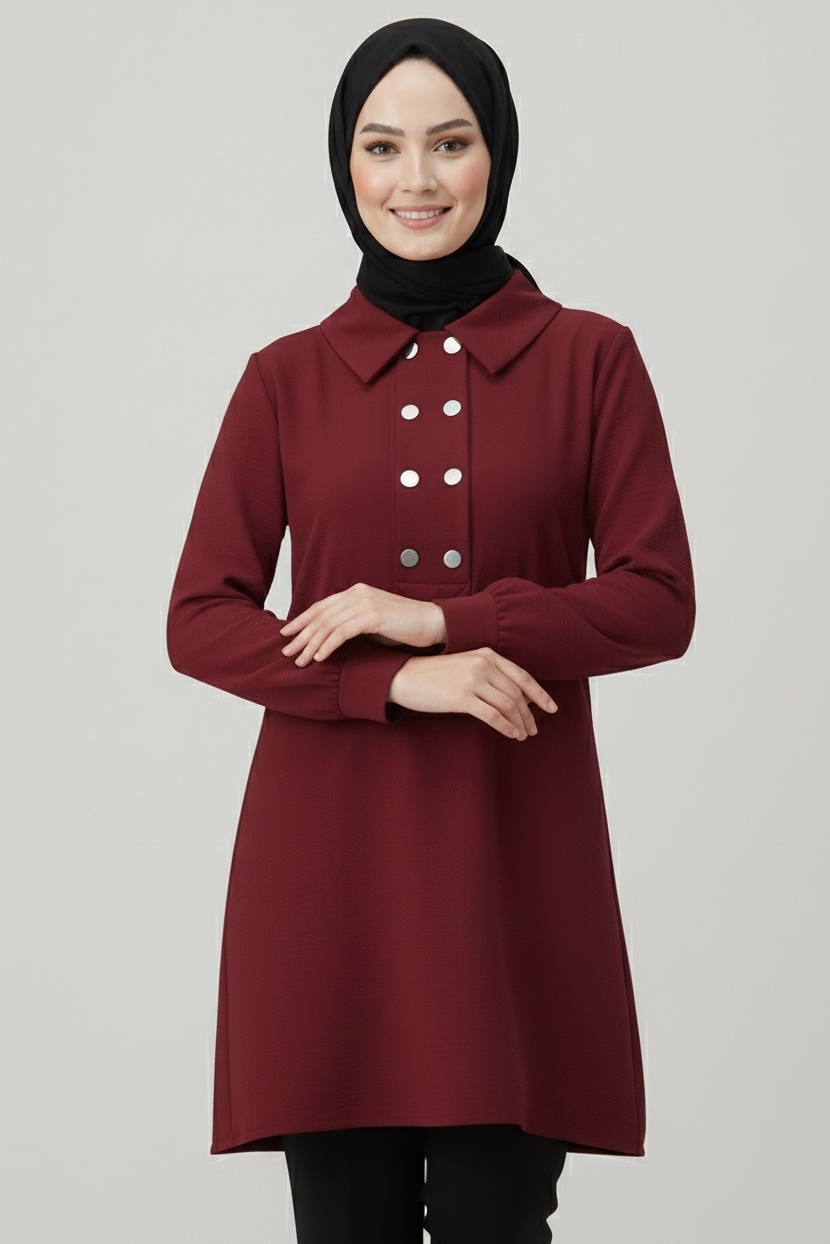 Düğme Detaylı Modal Tunik - 28041-BORDO - 1