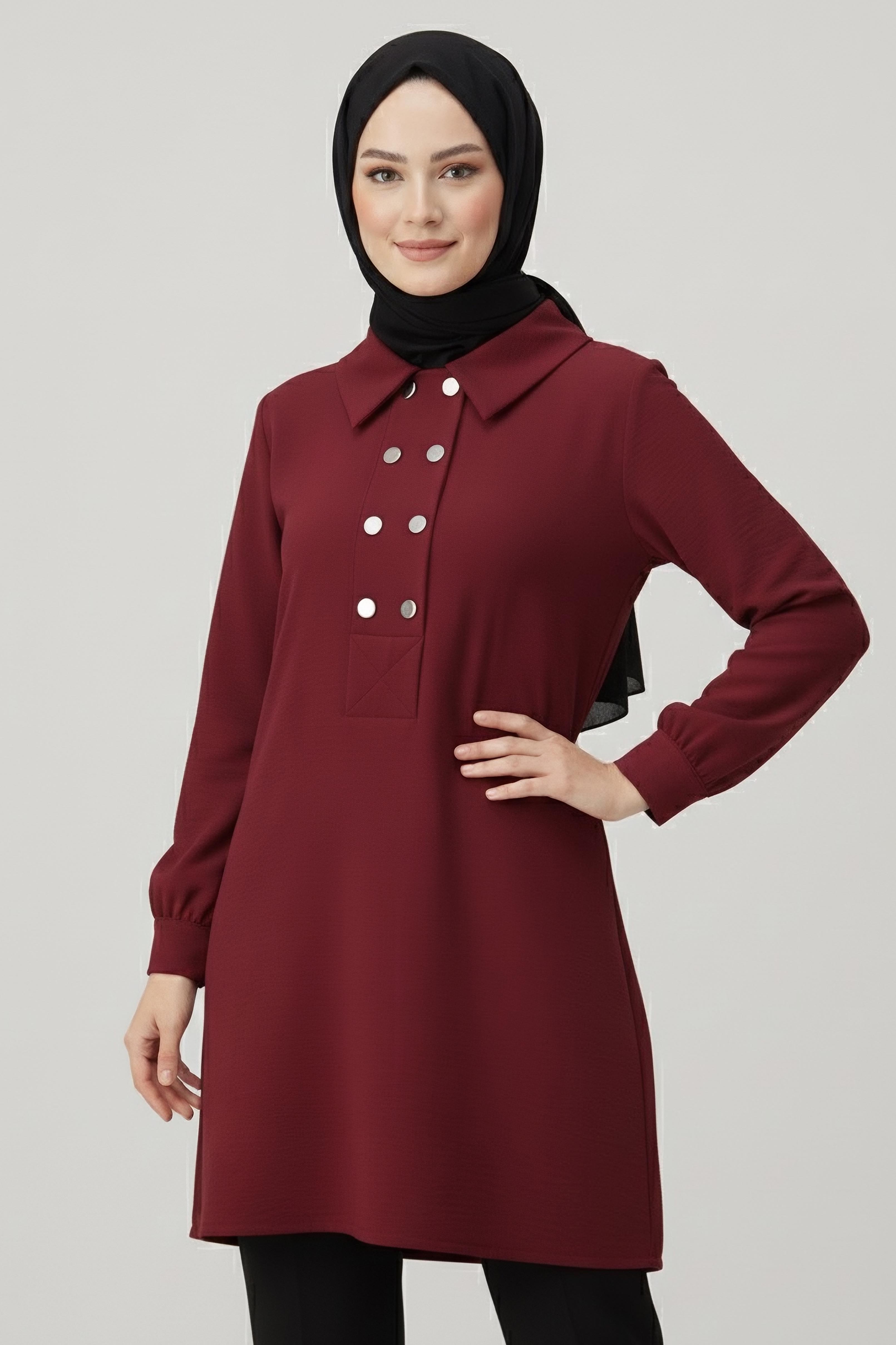 Düğme Detaylı Modal Tunik - 28041-BORDO - 2