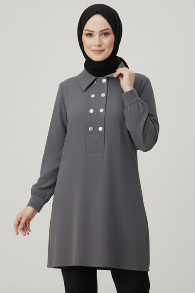 Düğme Detaylı Modal Tunik - 28041-FUME 