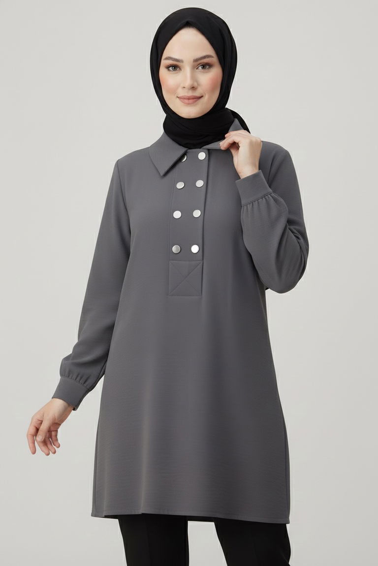 Düğme Detaylı Modal Tunik - 28041-FUME - TOFİSA