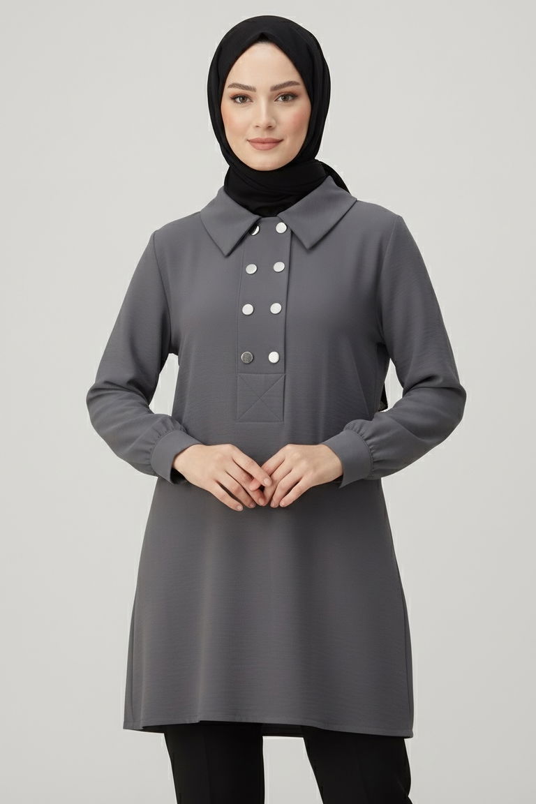 Düğme Detaylı Modal Tunik - 28041-FUME - TOFİSA