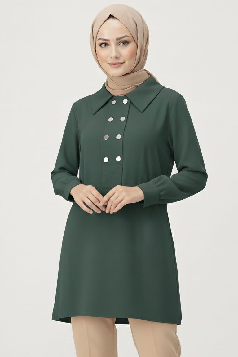 Düğme Detaylı Modal Tunik - 28041-HAKI - TOFİSA