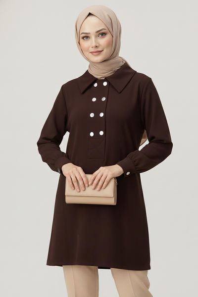 Düğme Detaylı Modal Tunik - 28041-KAHVE 