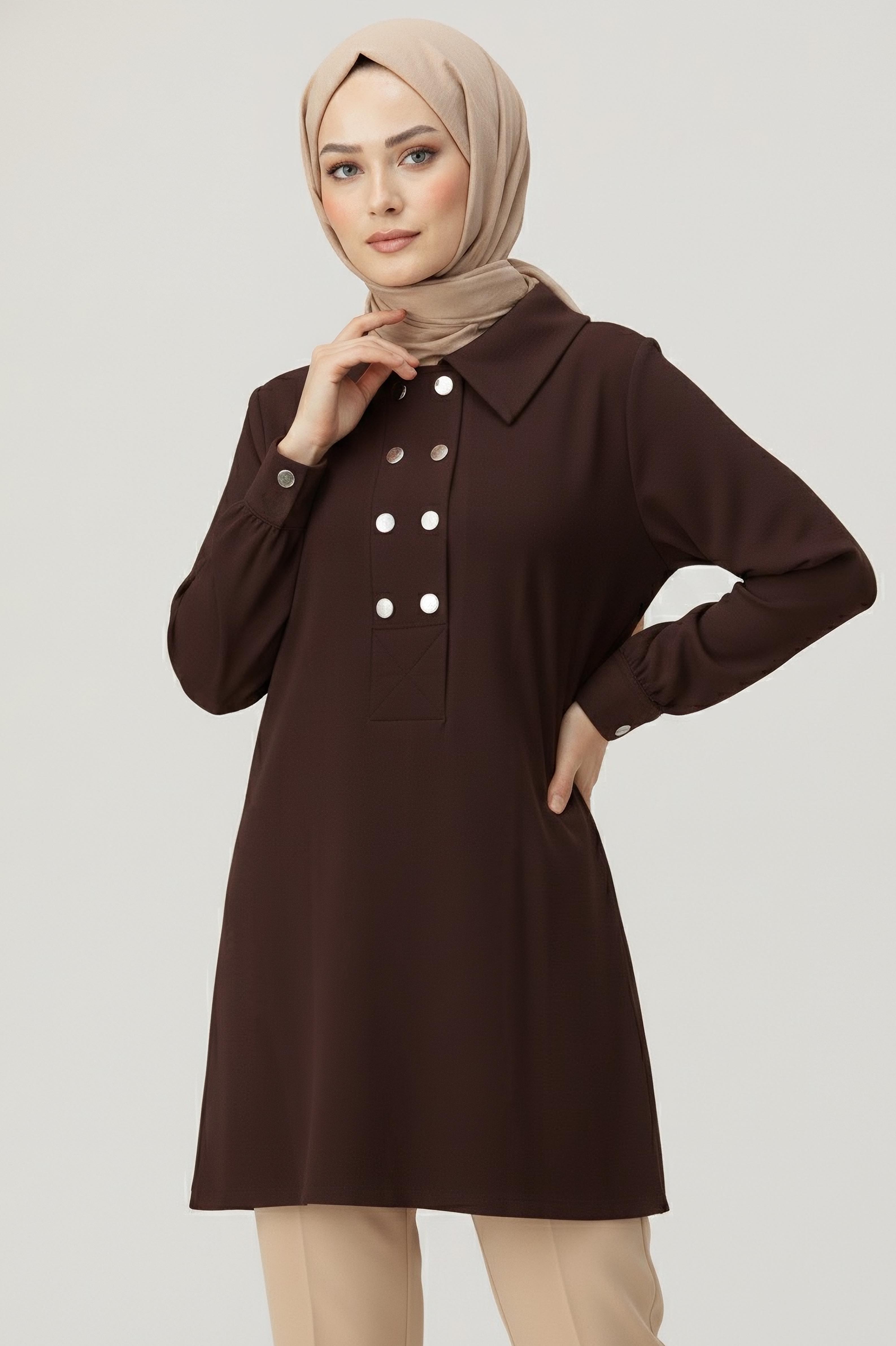 Düğme Detaylı Modal Tunik - 28041-KAHVE - 2