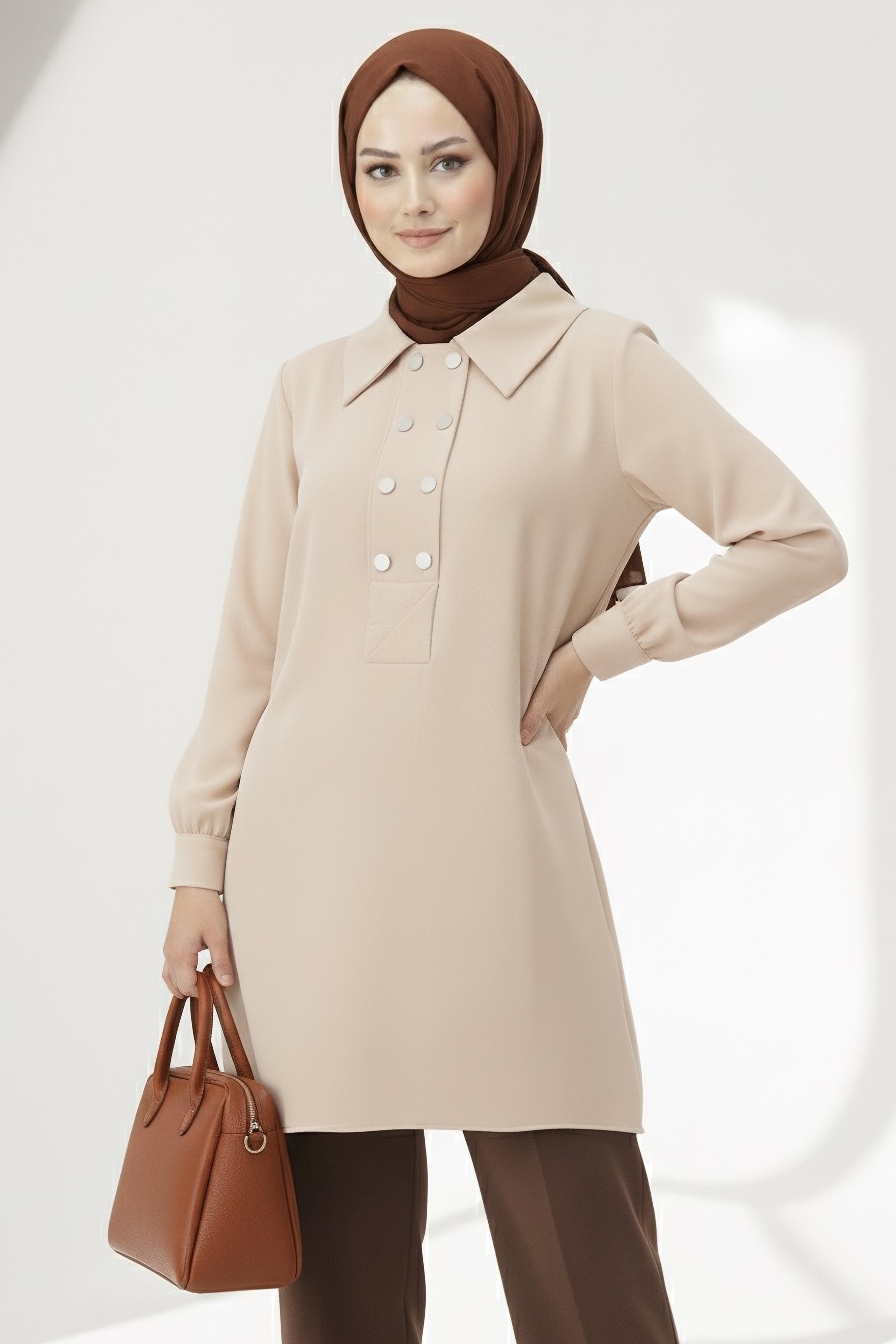 Düğme Detaylı Modal Tunik - 28041-KREM - 1