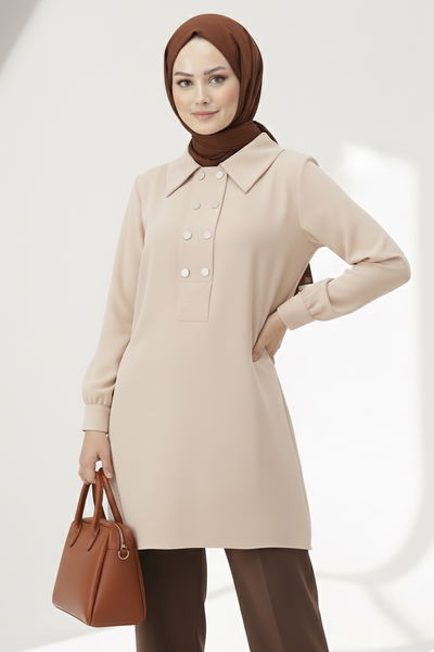 Düğme Detaylı Modal Tunik - 28041-KREM 