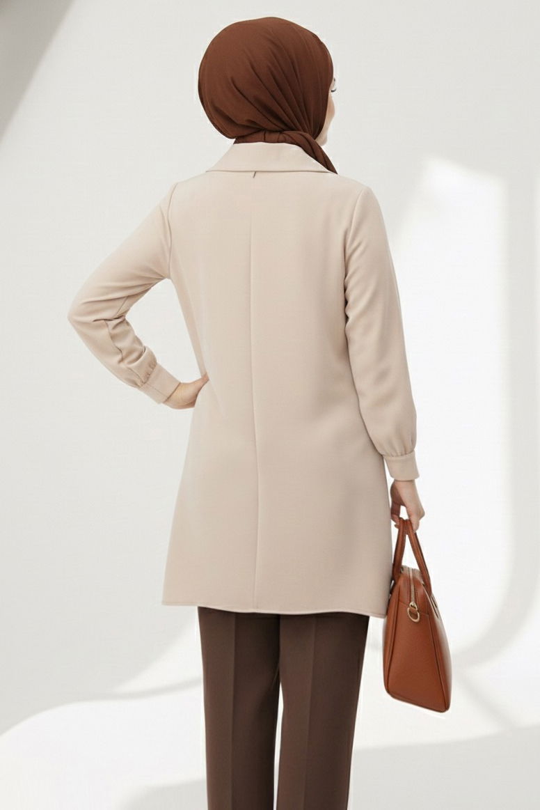 Düğme Detaylı Modal Tunik - 28041-KREM - 2