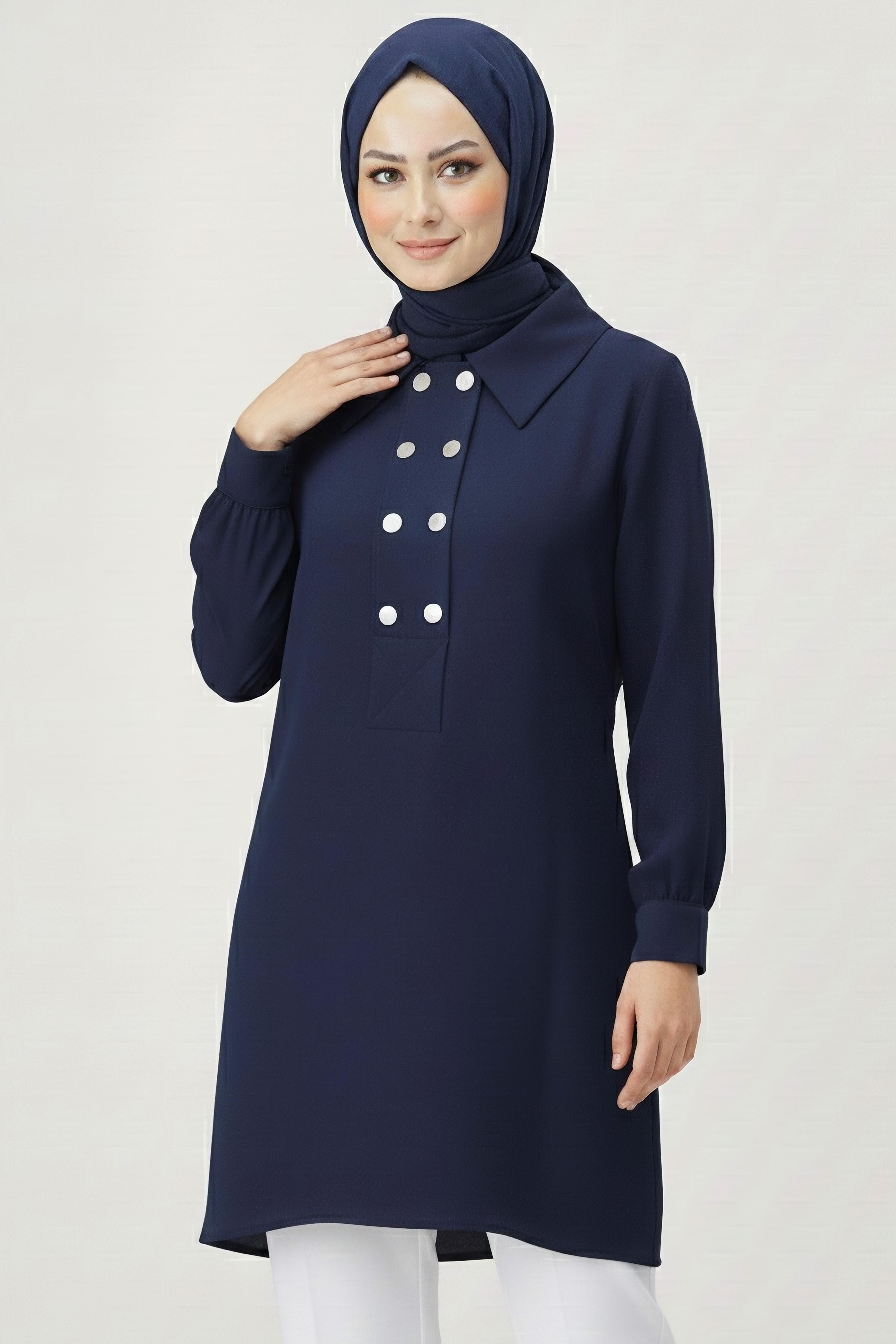 Düğme Detaylı Modal Tunik - 28041-LACIVERT - 2