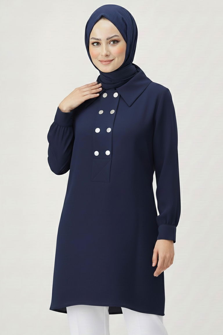 Düğme Detaylı Modal Tunik - 28041-LACIVERT - TOFİSA