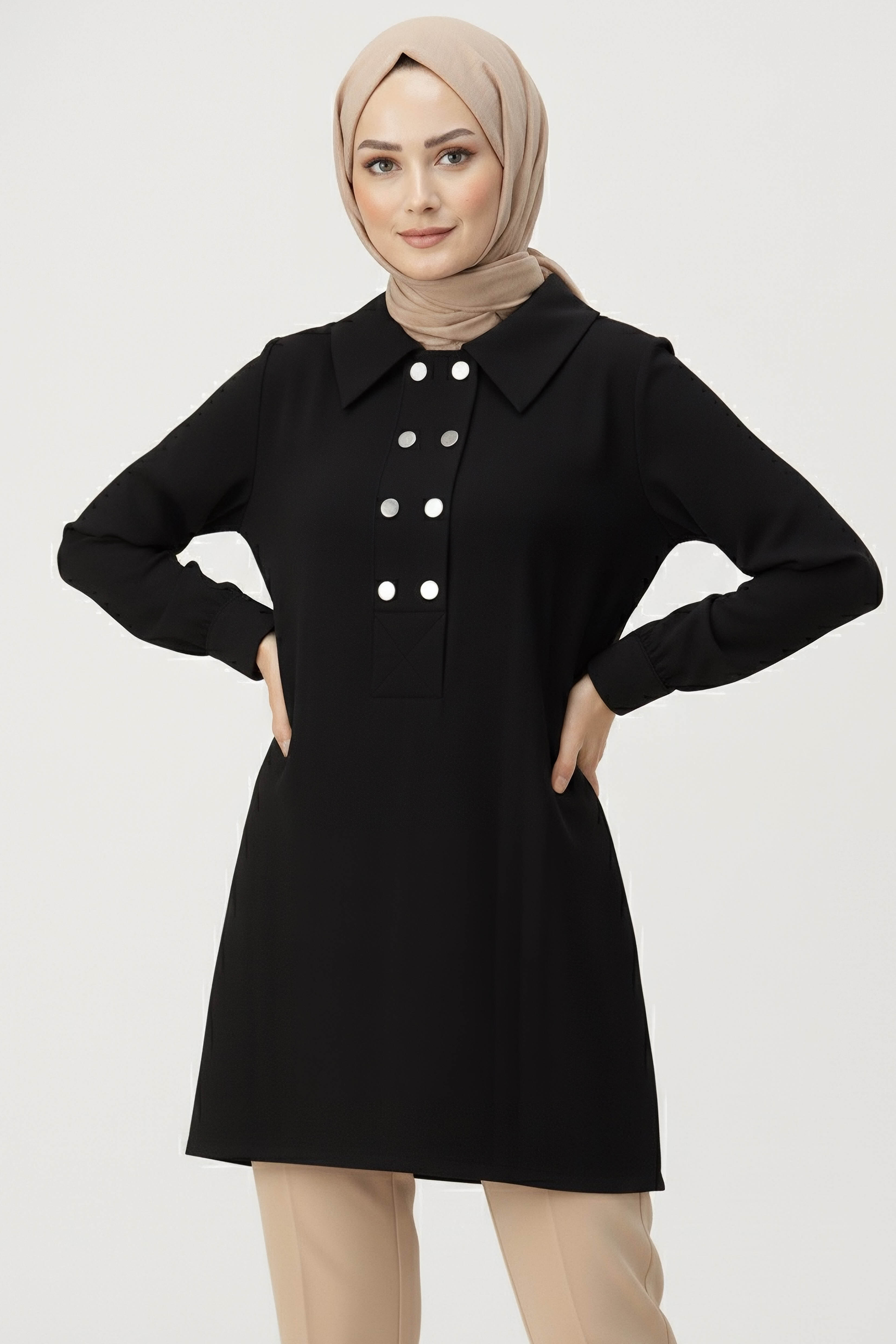 Düğme Detaylı Modal Tunik - 28041-SIYAH - 1