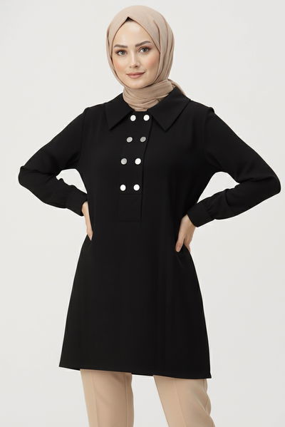 Düğme Detaylı Modal Tunik - 28041-SIYAH 