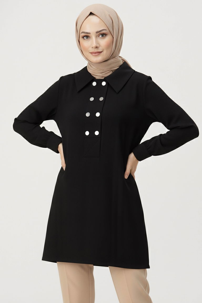 Düğme Detaylı Modal Tunik - 28041-SIYAH - TOFİSA