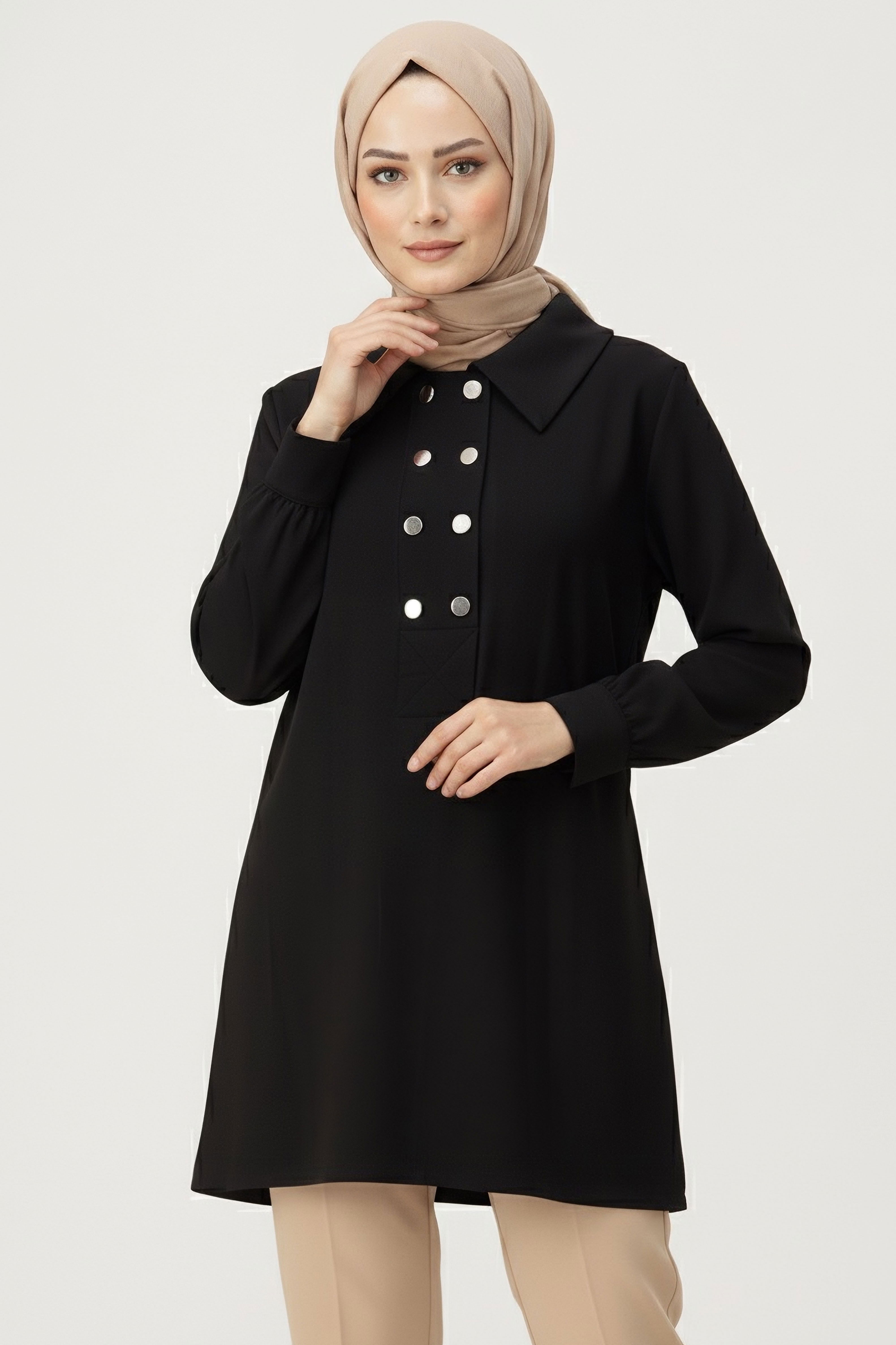 Düğme Detaylı Modal Tunik - 28041-SIYAH - 2