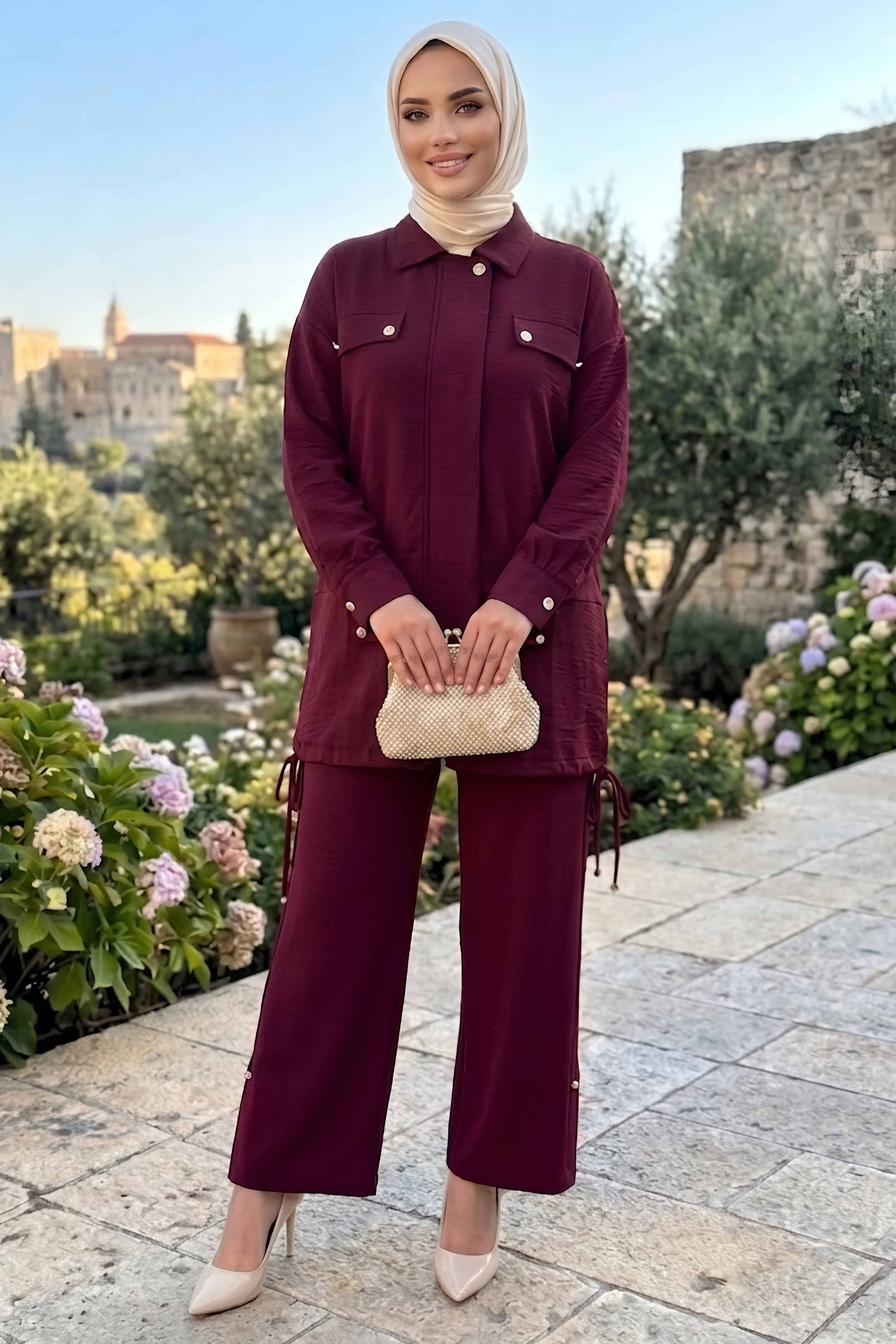 Düğme Detaylı Oysh Modal İkili Takım Bordo - 28960-BORDO - 2