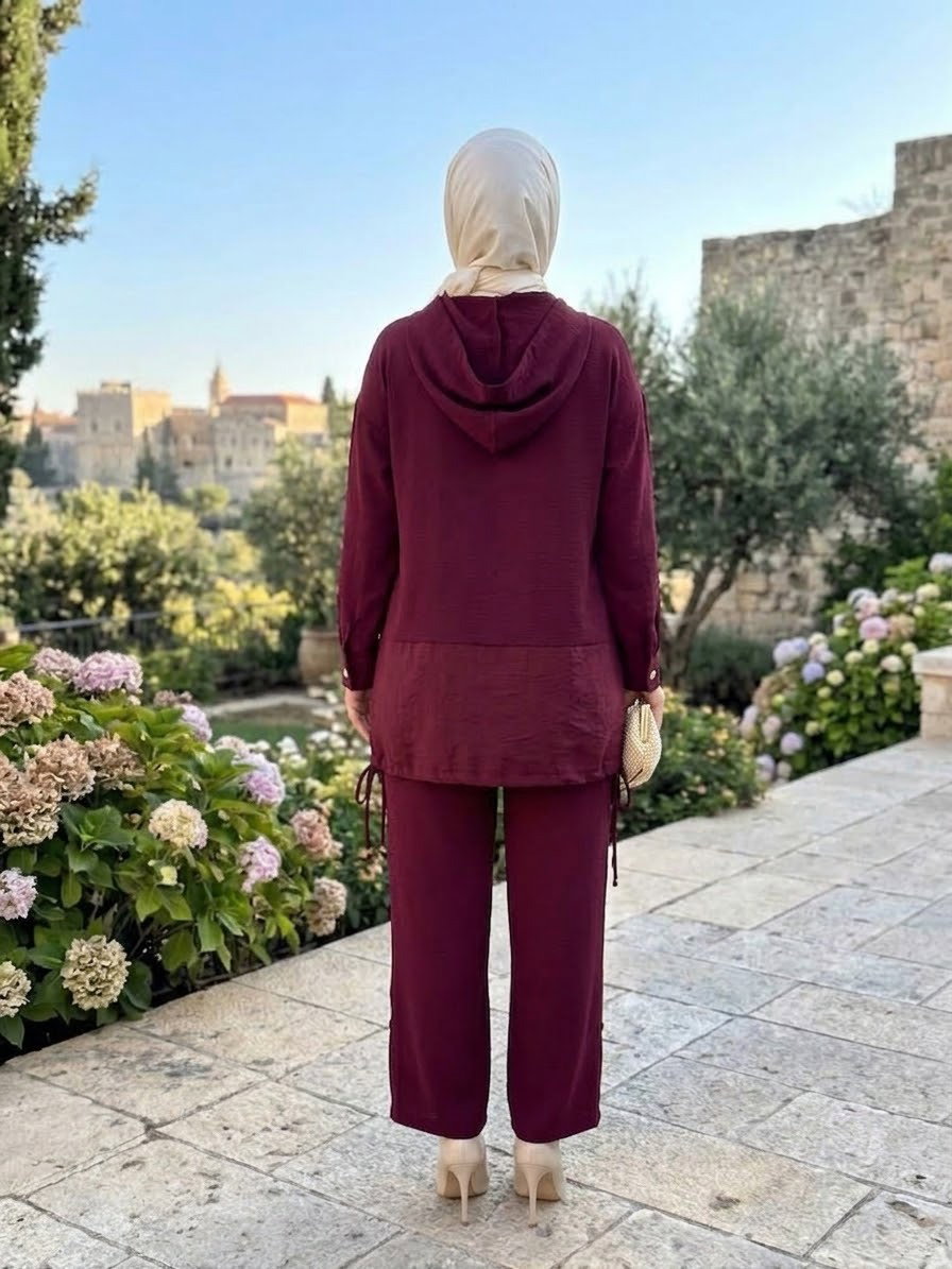 Düğme Detaylı Oysh Modal İkili Takım Bordo - 28960-BORDO - 3