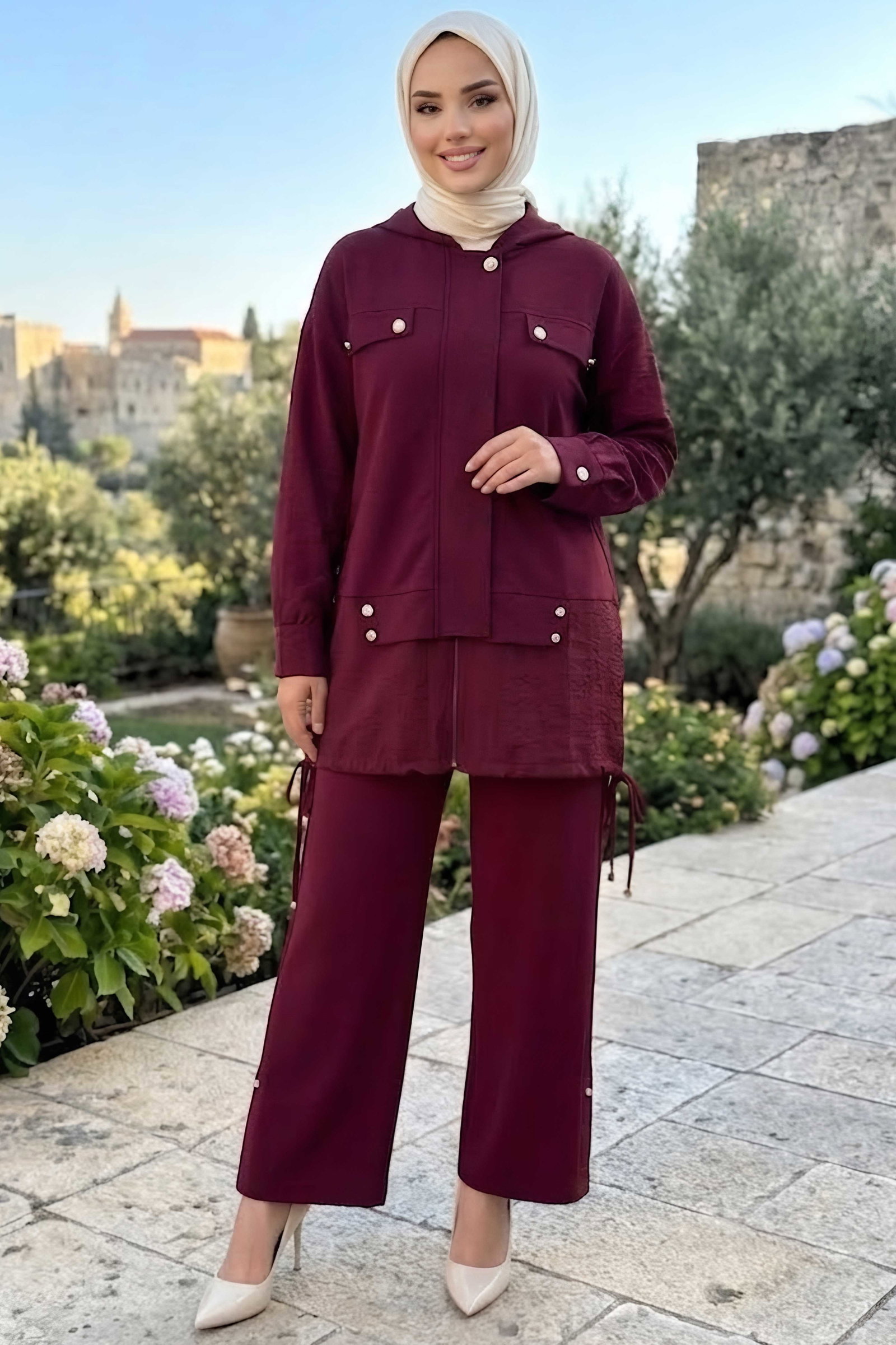 Düğme Detaylı Oysh Modal İkili Takım Bordo - 28960-BORDO - 1